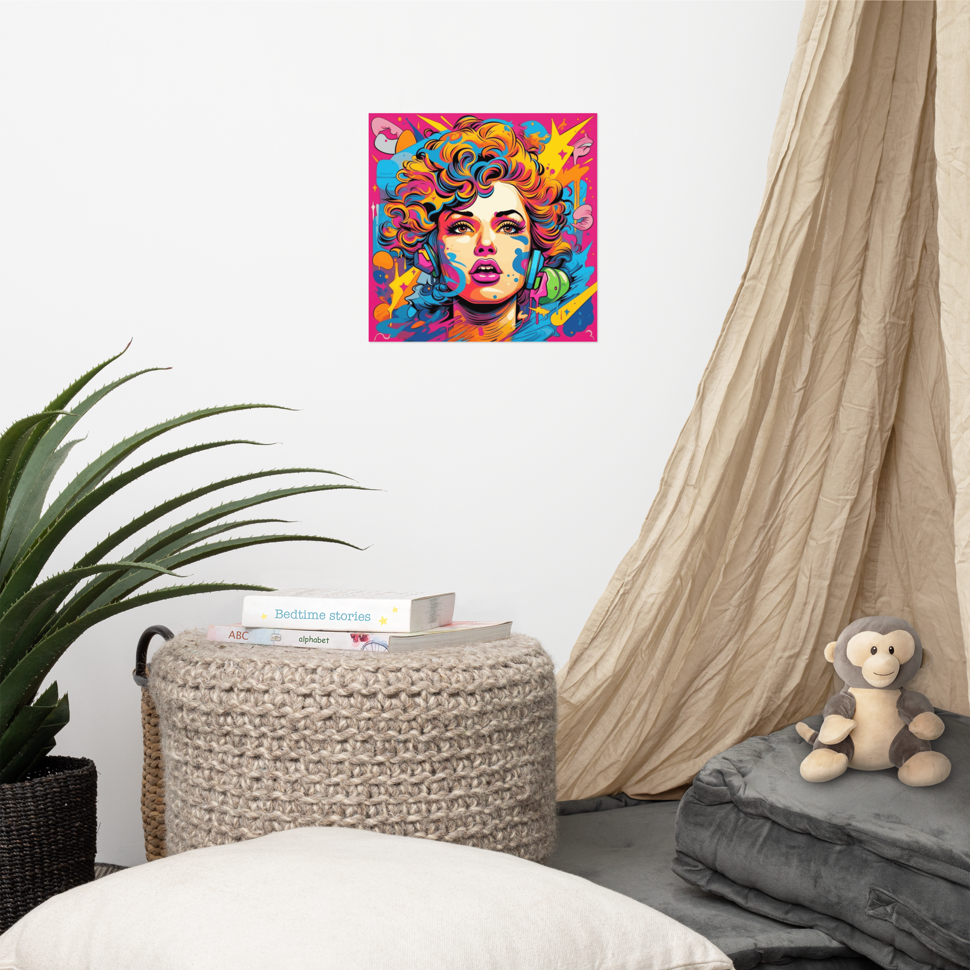 Pop Art Wall Print – Neon 80s Headphone Girl Portrait.