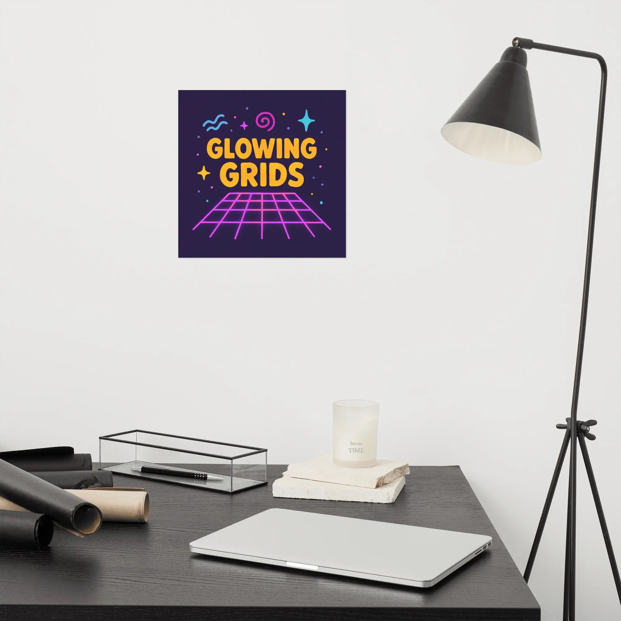 Glowing Grids Poster – Retro Neon Music Matrix Art - RaZits