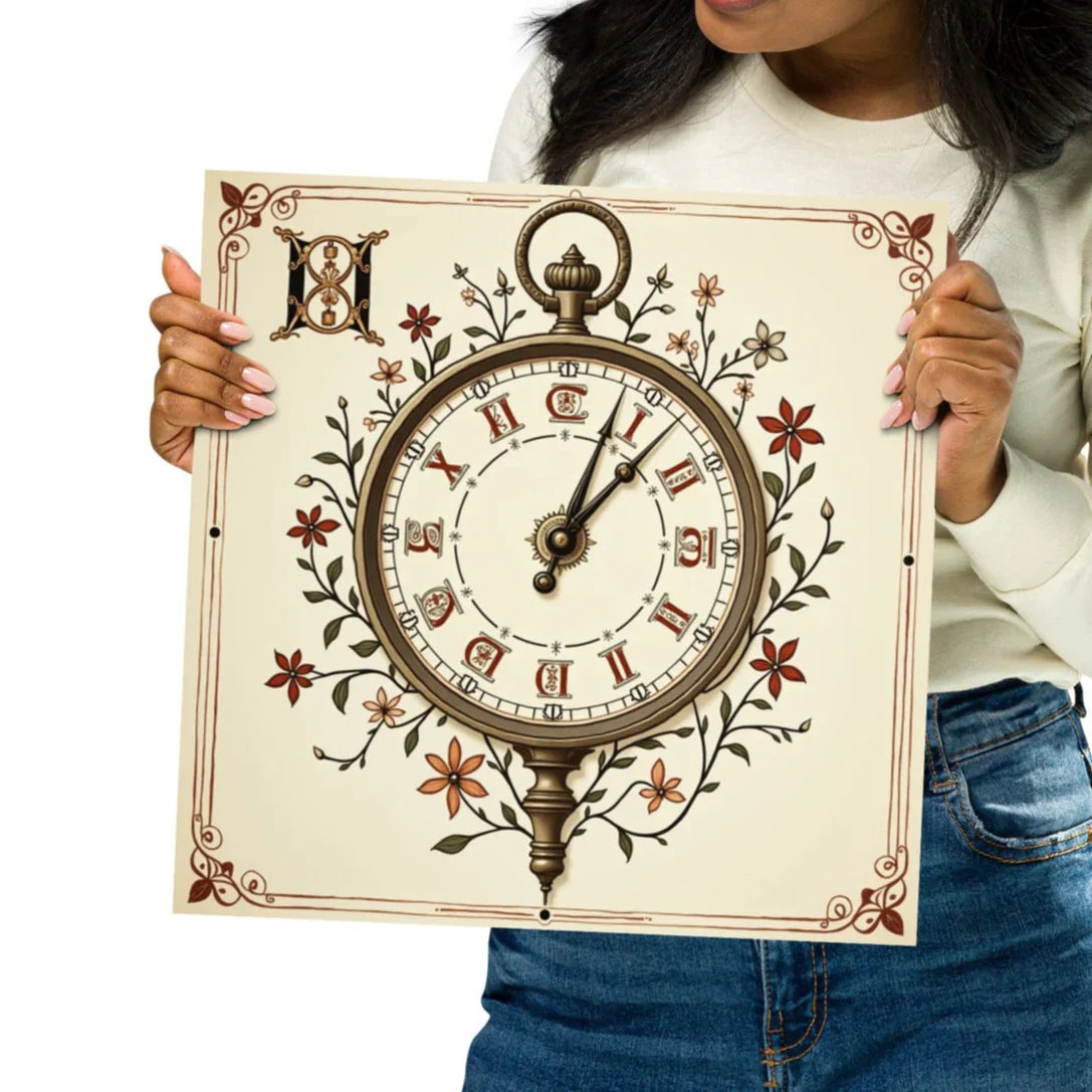 Vintage Clock Art Print – Floral Timepiece Illustration - RaZits
