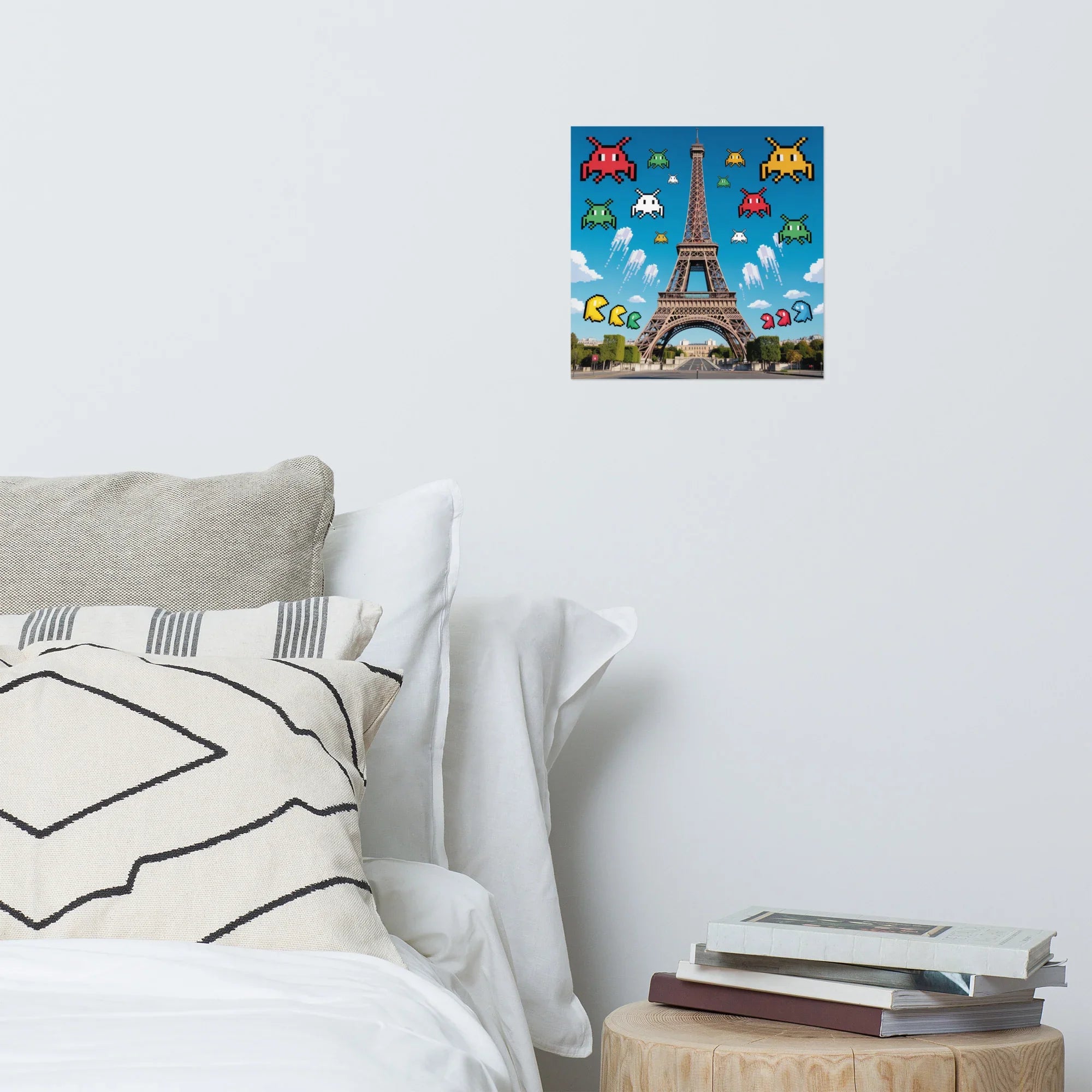 Retro Pixel Invaders Over Paris – 8-Bit Gaming Wall Art, Eiffel Tower Gamer Decor - RaZits