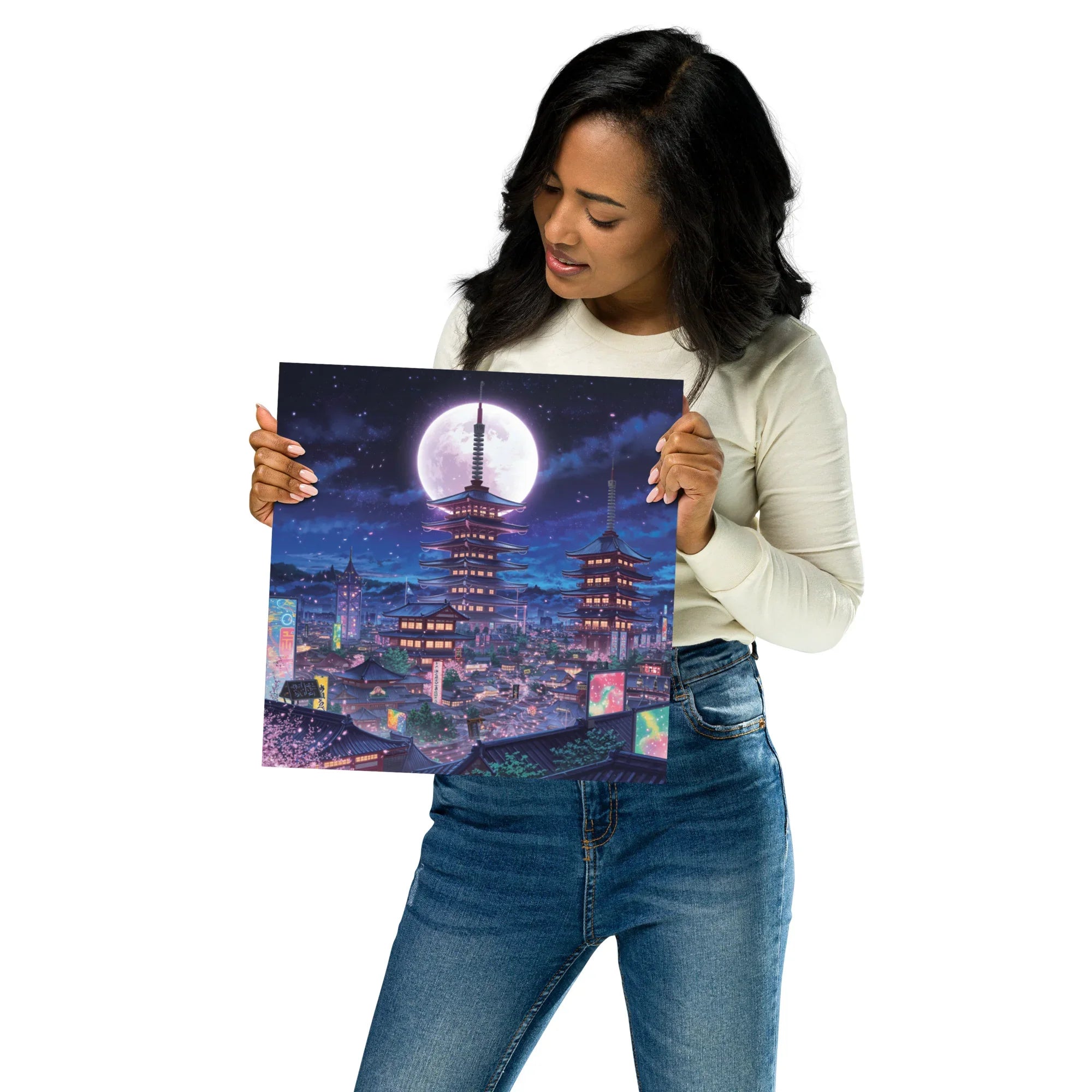 Midnight Sakura Dreamscape Japanese Cityscape Gaming Wall Art – Anime Aesthetic Room Decor - RaZits