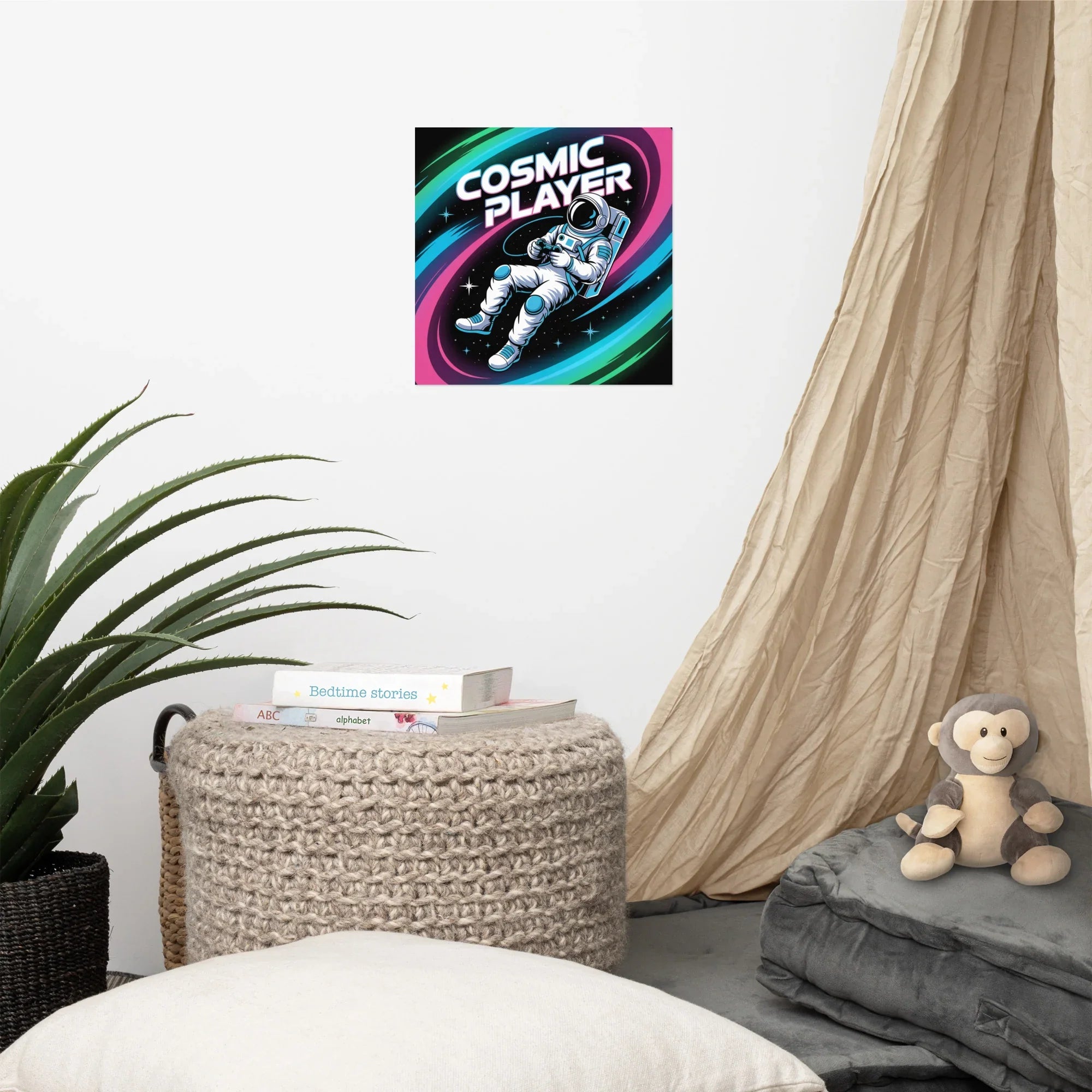 Cosmic Player – Astronaut Gamer in Space Neon Art Poster - RaZits