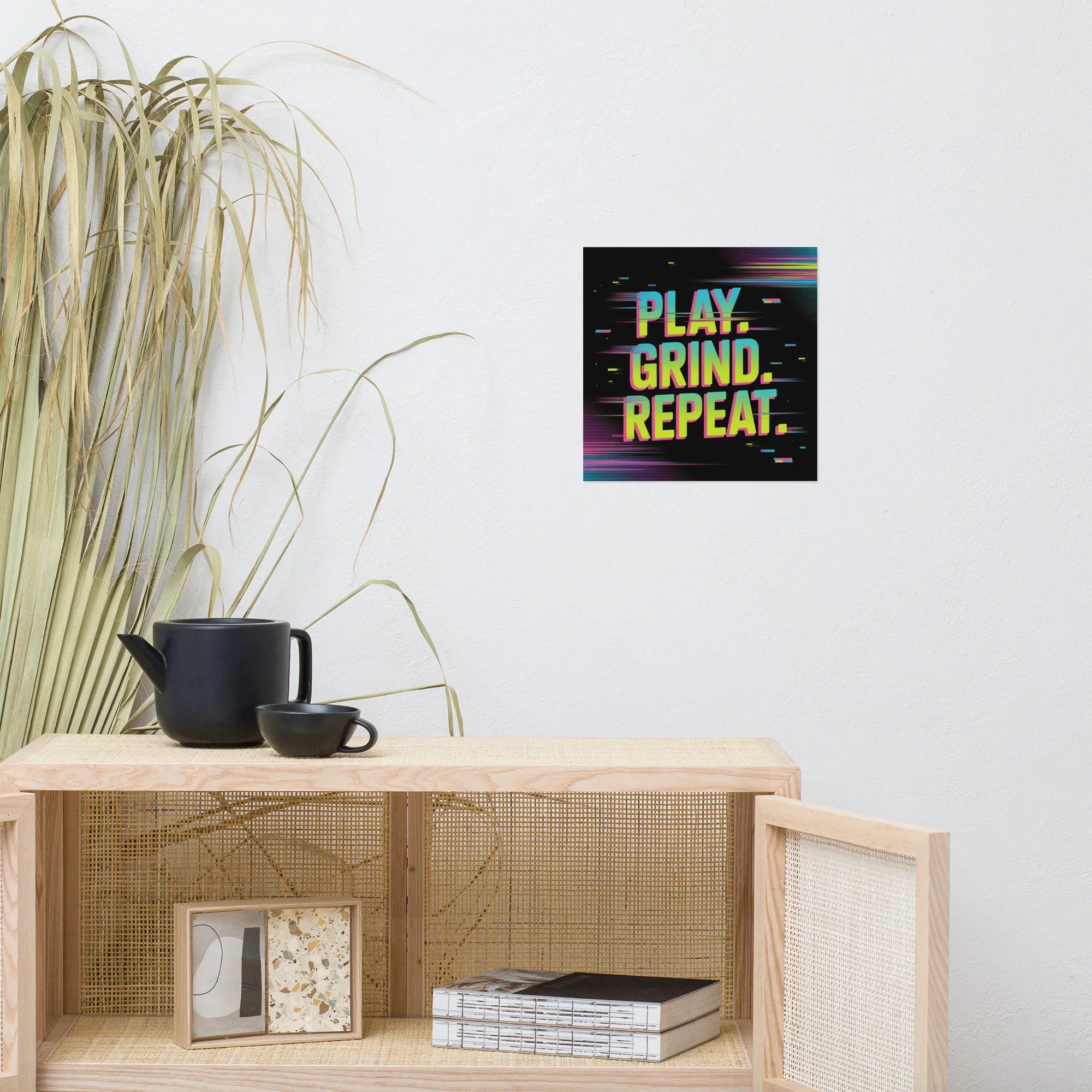 PLAY. GRIND. REPEAT. – Retro Glitch Gaming Motivation Poster in Neon Arcade Style - RaZits