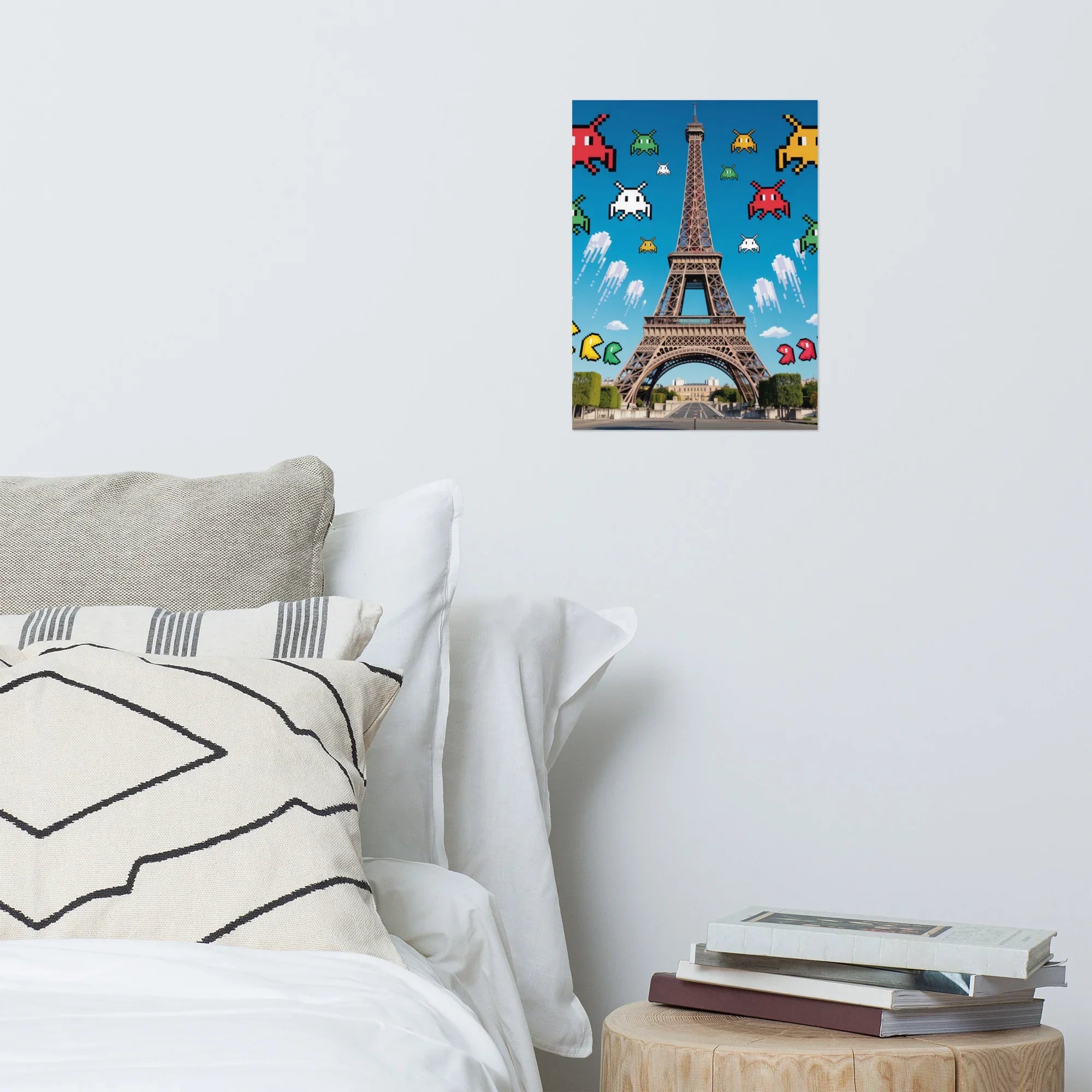Retro Pixel Invaders Over Paris – 8-Bit Gaming Wall Art, Eiffel Tower Gamer Decor - RaZits
