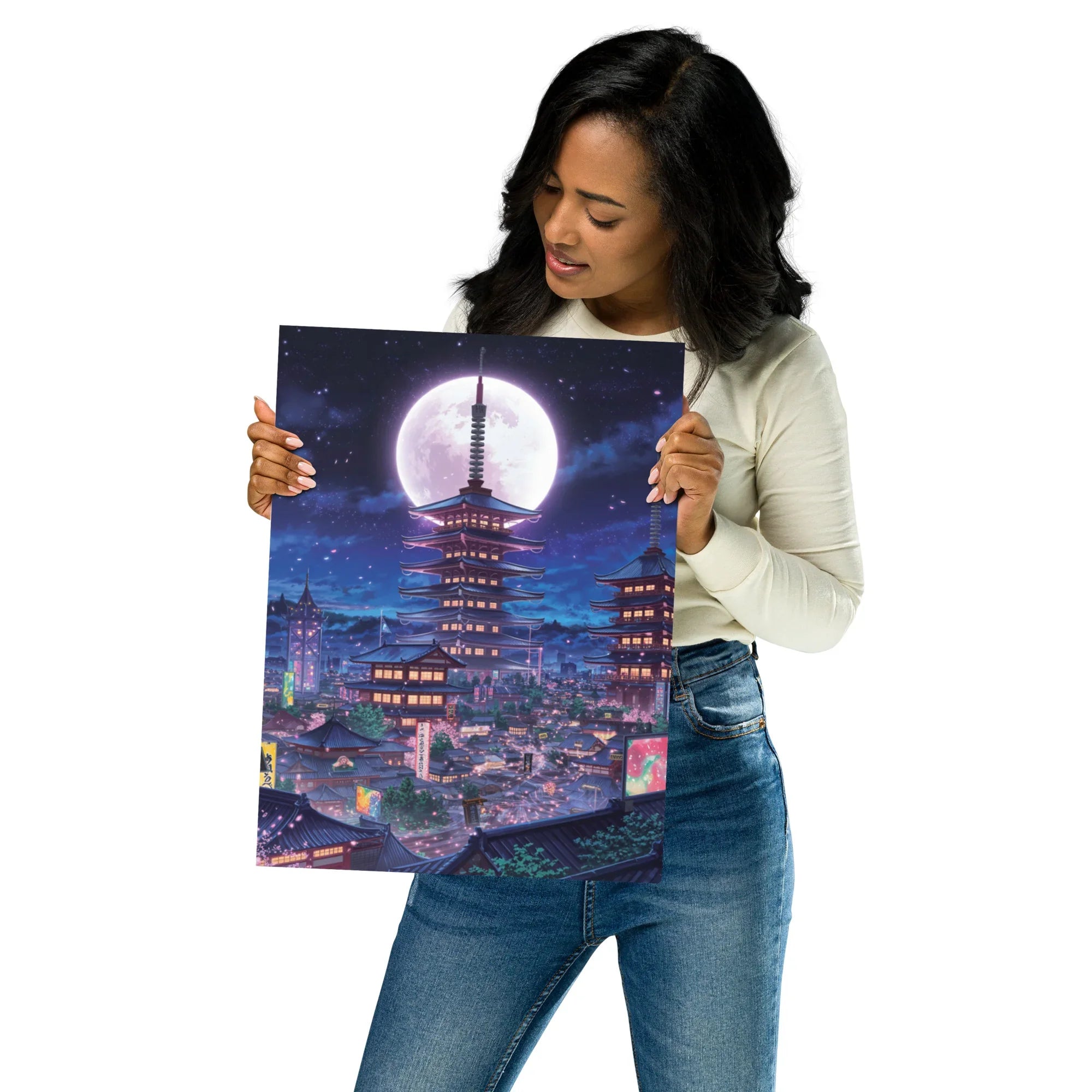 Midnight Sakura Dreamscape Japanese Cityscape Gaming Wall Art – Anime Aesthetic Room Decor - RaZits