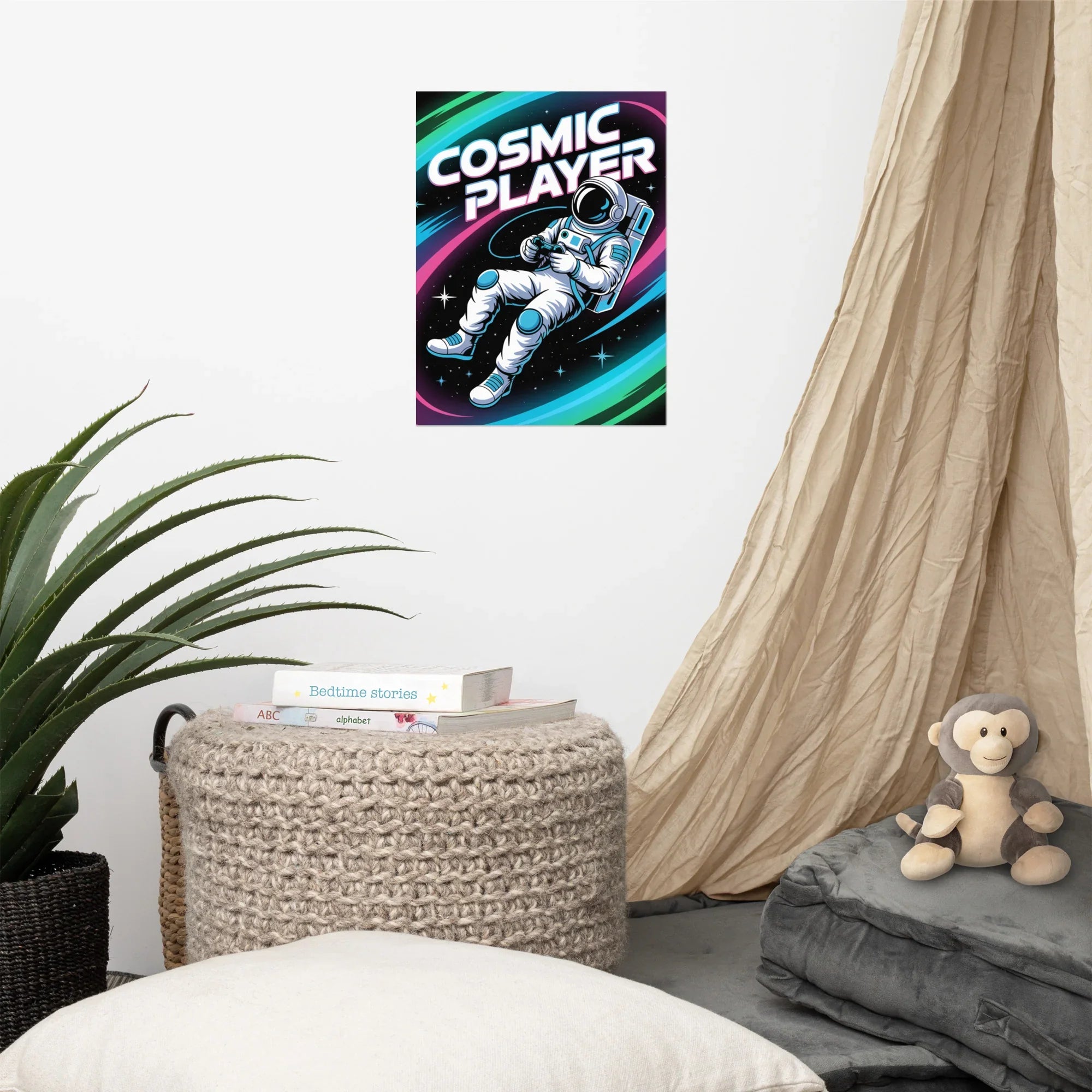 Cosmic Player – Astronaut Gamer in Space Neon Art Poster - RaZits