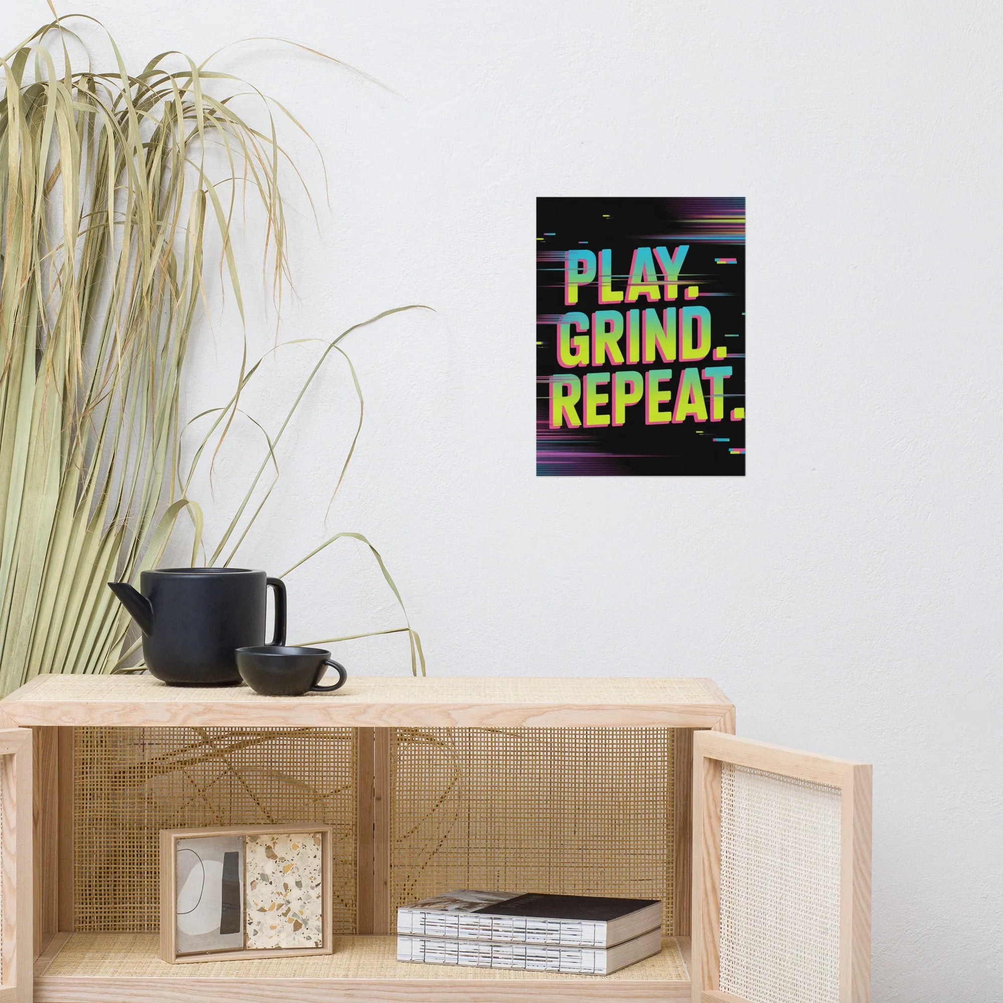 PLAY. GRIND. REPEAT. – Retro Glitch Gaming Motivation Poster in Neon Arcade Style - RaZits
