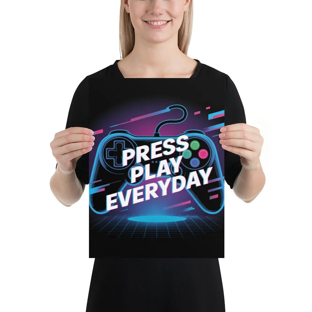 Press Play Everyday – Neon Glitch Gaming Motivation Poster - RaZits