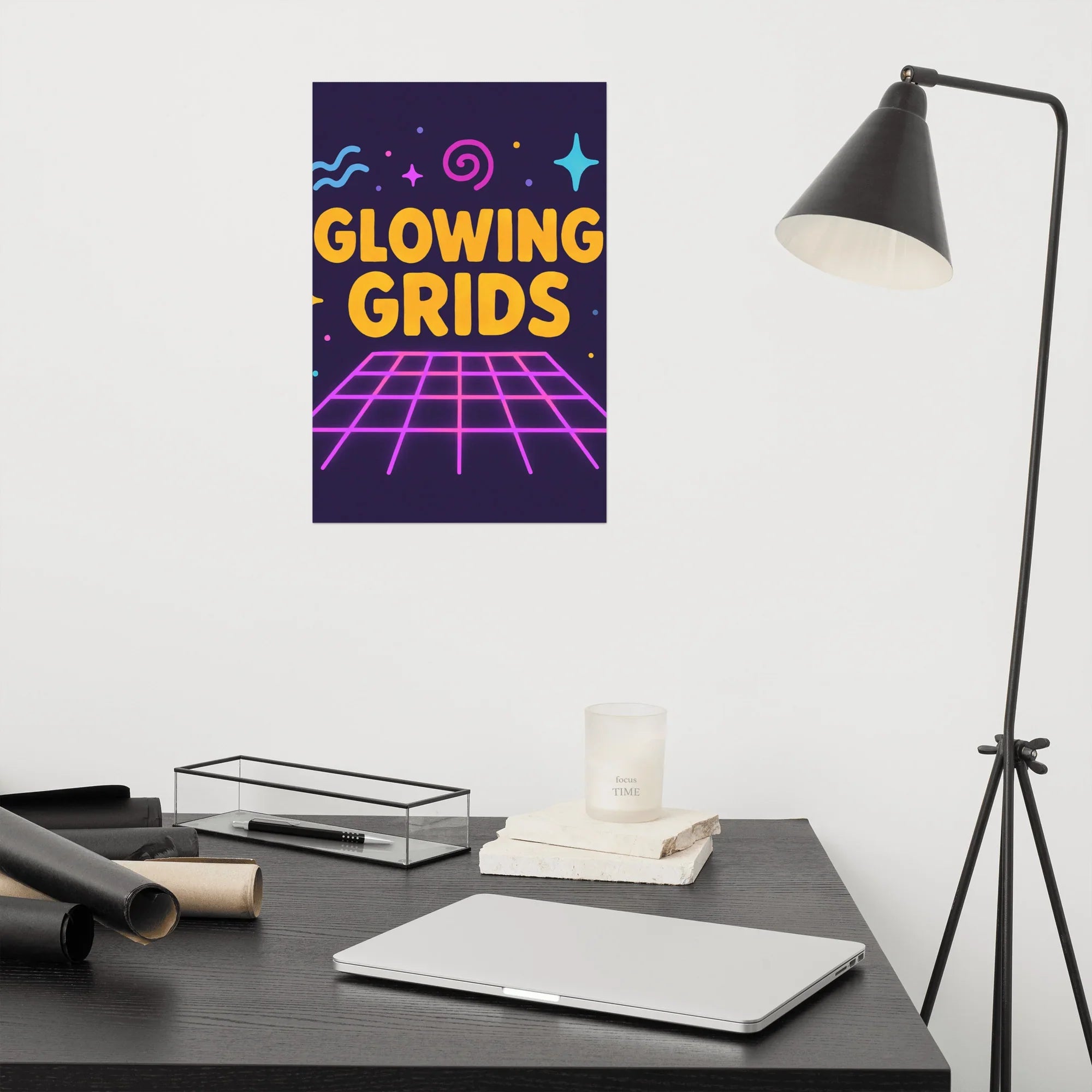 Glowing Grids Poster – Retro Neon Music Matrix Art - RaZits