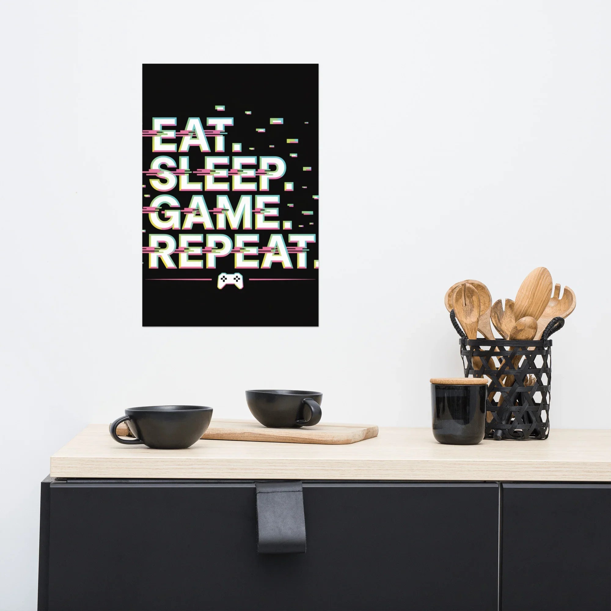 Eat Sleep Game Repeat – Glitch Gamer Lifestyle Wall Art - RaZits