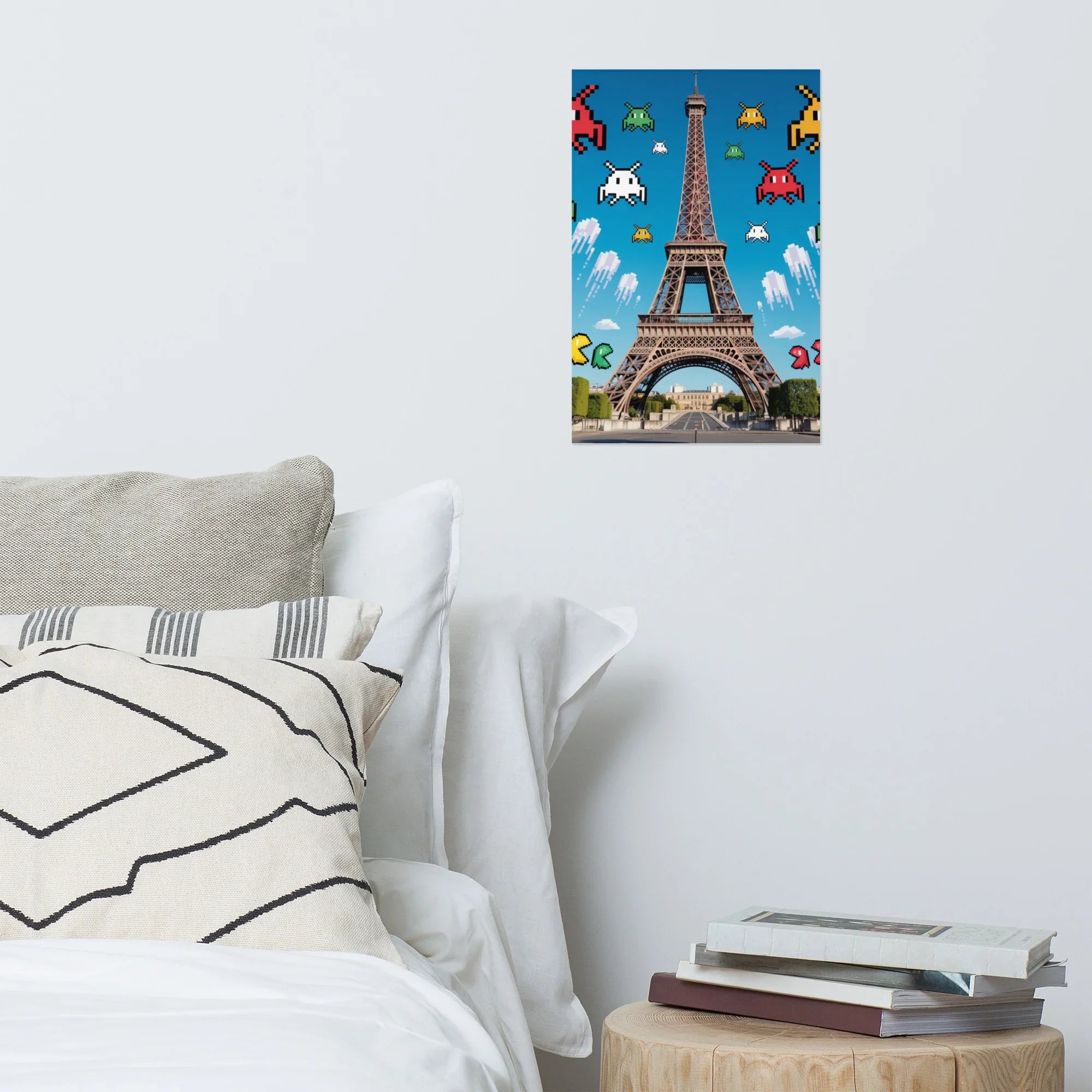 Retro Pixel Invaders Over Paris – 8-Bit Gaming Wall Art, Eiffel Tower Gamer Decor - RaZits