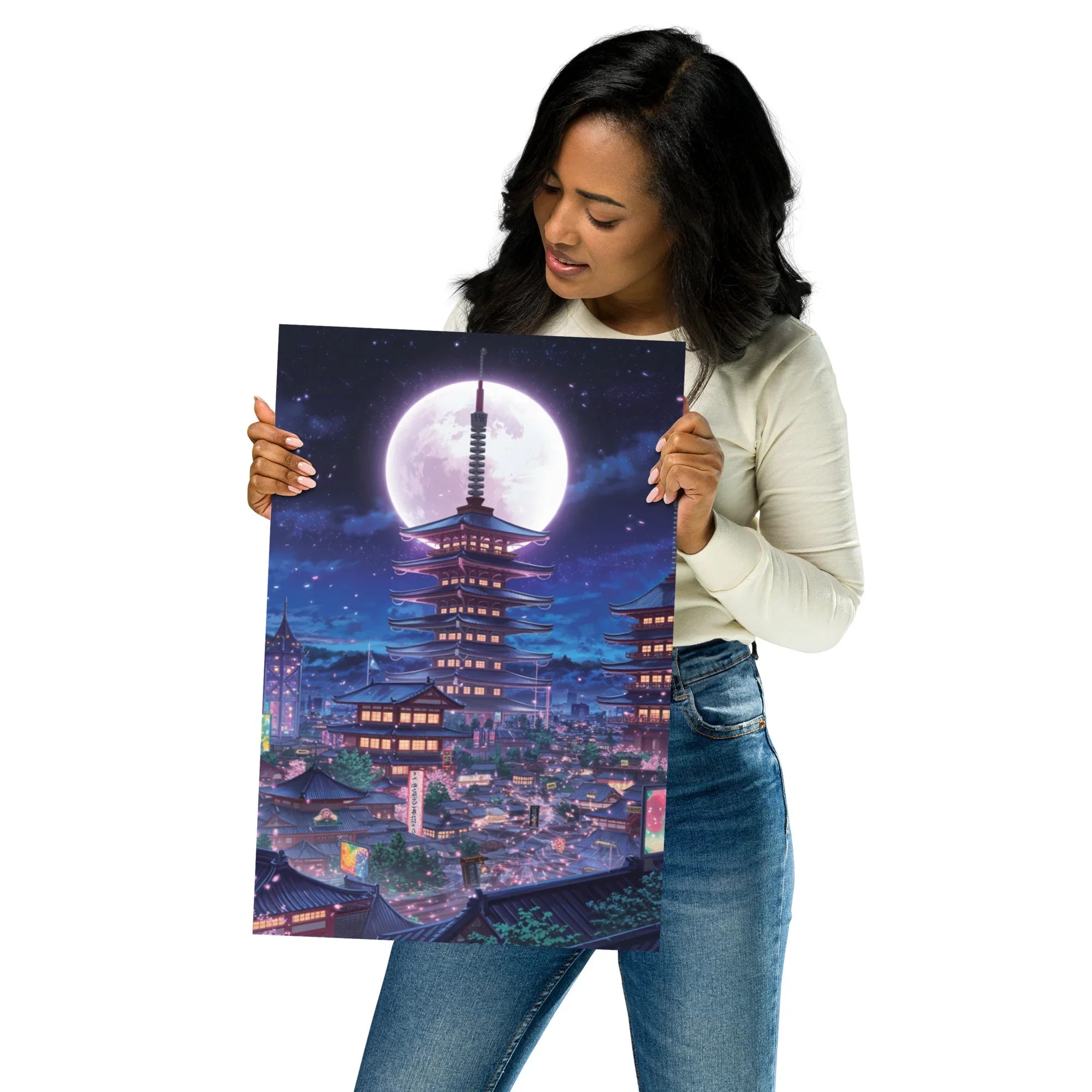 Midnight Sakura Dreamscape Japanese Cityscape Gaming Wall Art – Anime Aesthetic Room Decor - RaZits