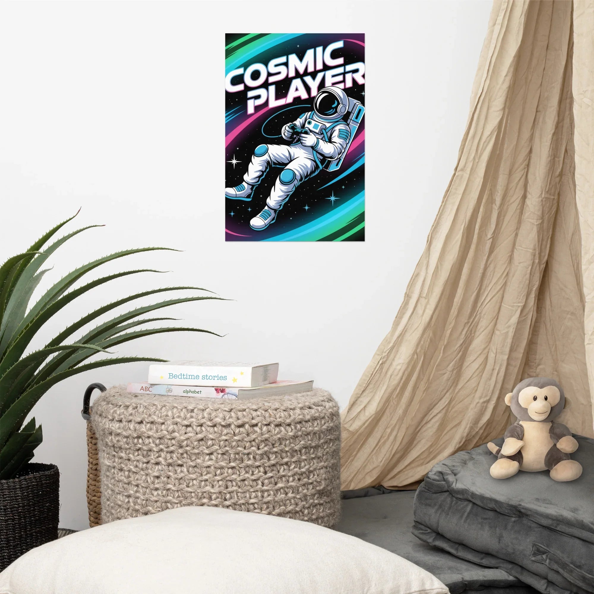 Cosmic Player – Astronaut Gamer in Space Neon Art Poster - RaZits