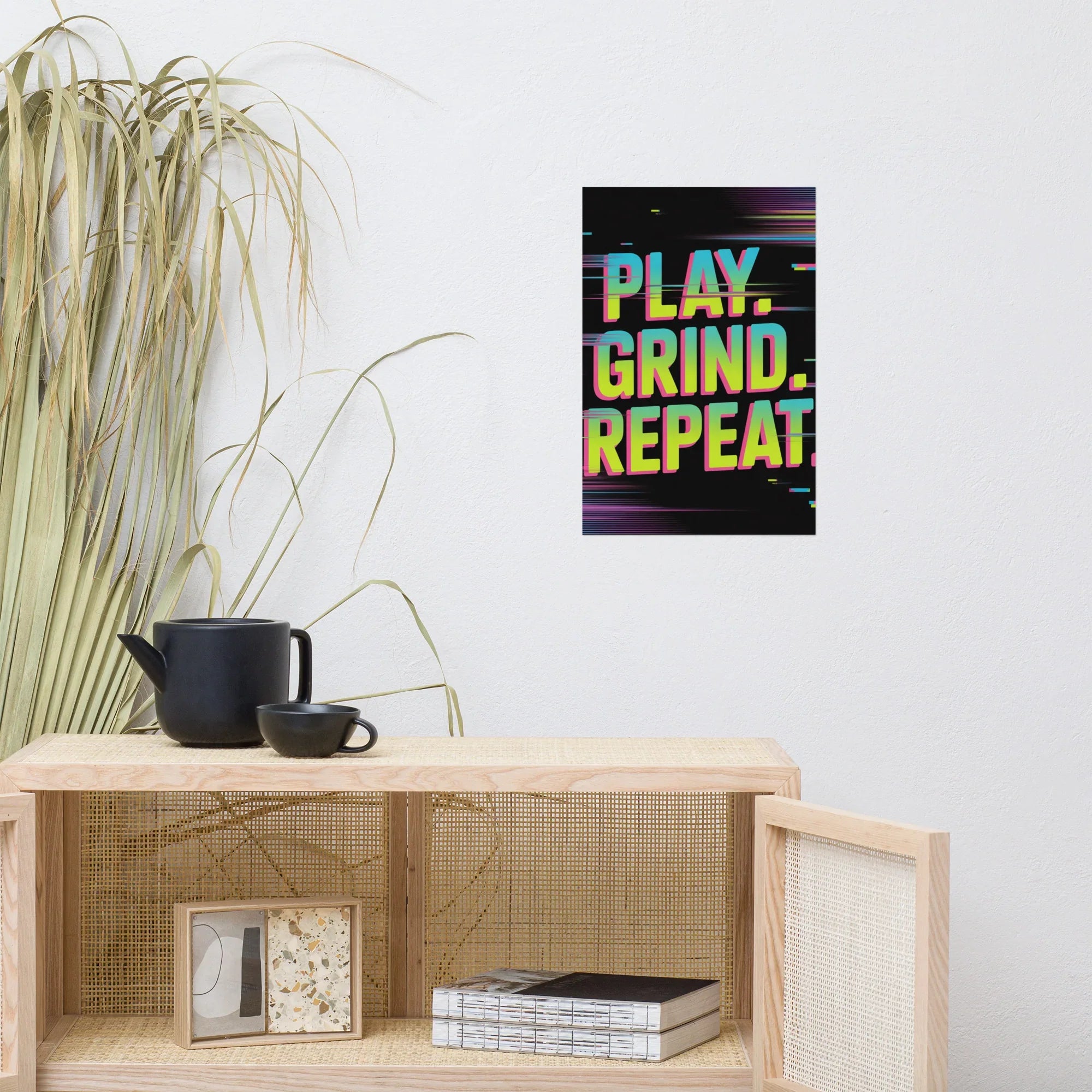 PLAY. GRIND. REPEAT. – Retro Glitch Gaming Motivation Poster in Neon Arcade Style - RaZits