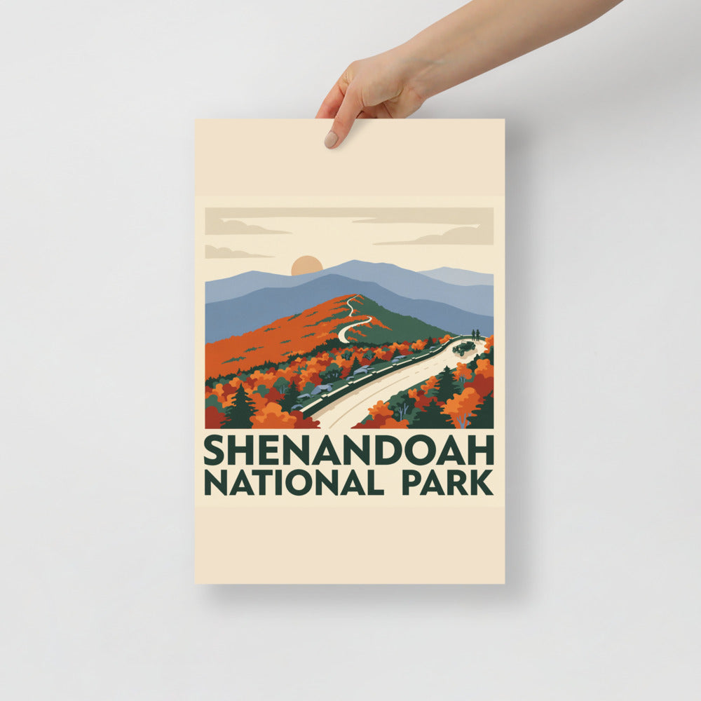 Shenandoah National Park vintage poster held flat against a plain grey wall