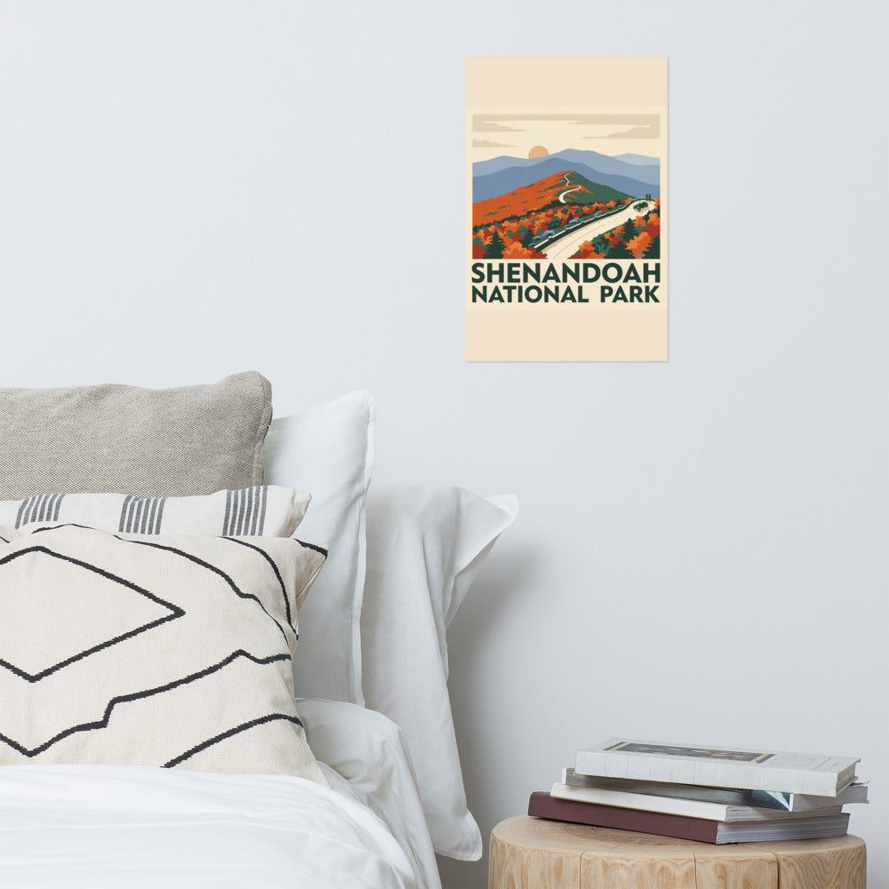 Shenandoah National Park vintage poster hanging on the wall above a bed in a bright bedroom