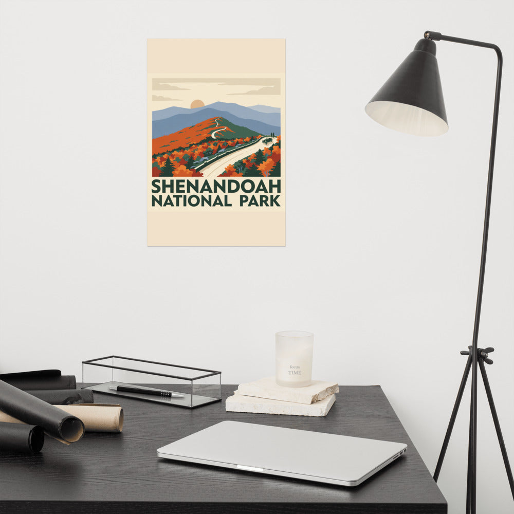 Shenandoah National Park vintage poster on the wall above a desk with a reading lamp