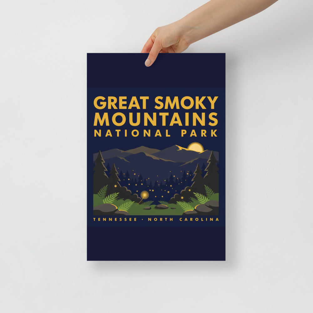 Great Smoky Mountains National Park vintage poster held flat against a plain grey wall