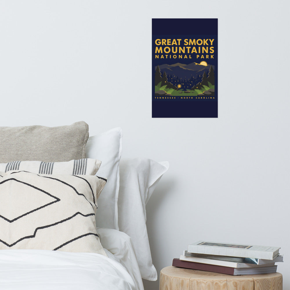 Great Smoky Mountains National Park vintage poster hanging on the wall above a bed in a bright bedroom