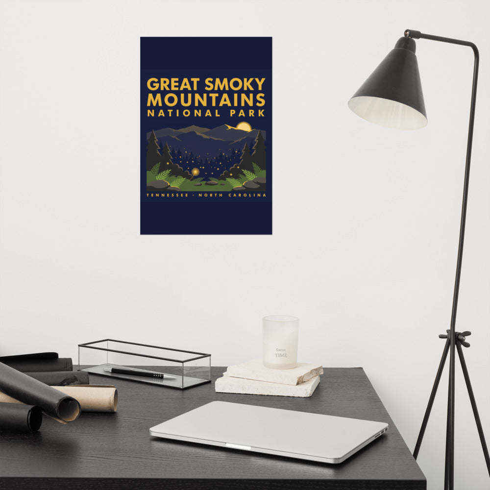 Great Smoky Mountains National Park vintage poster on the wall above a desk with a reading lamp