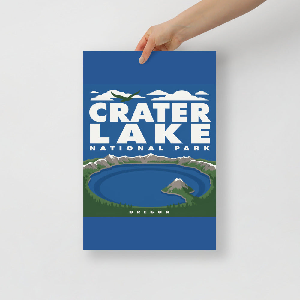 Crater Lake National Park vintage poster held flat against a plain grey wall
