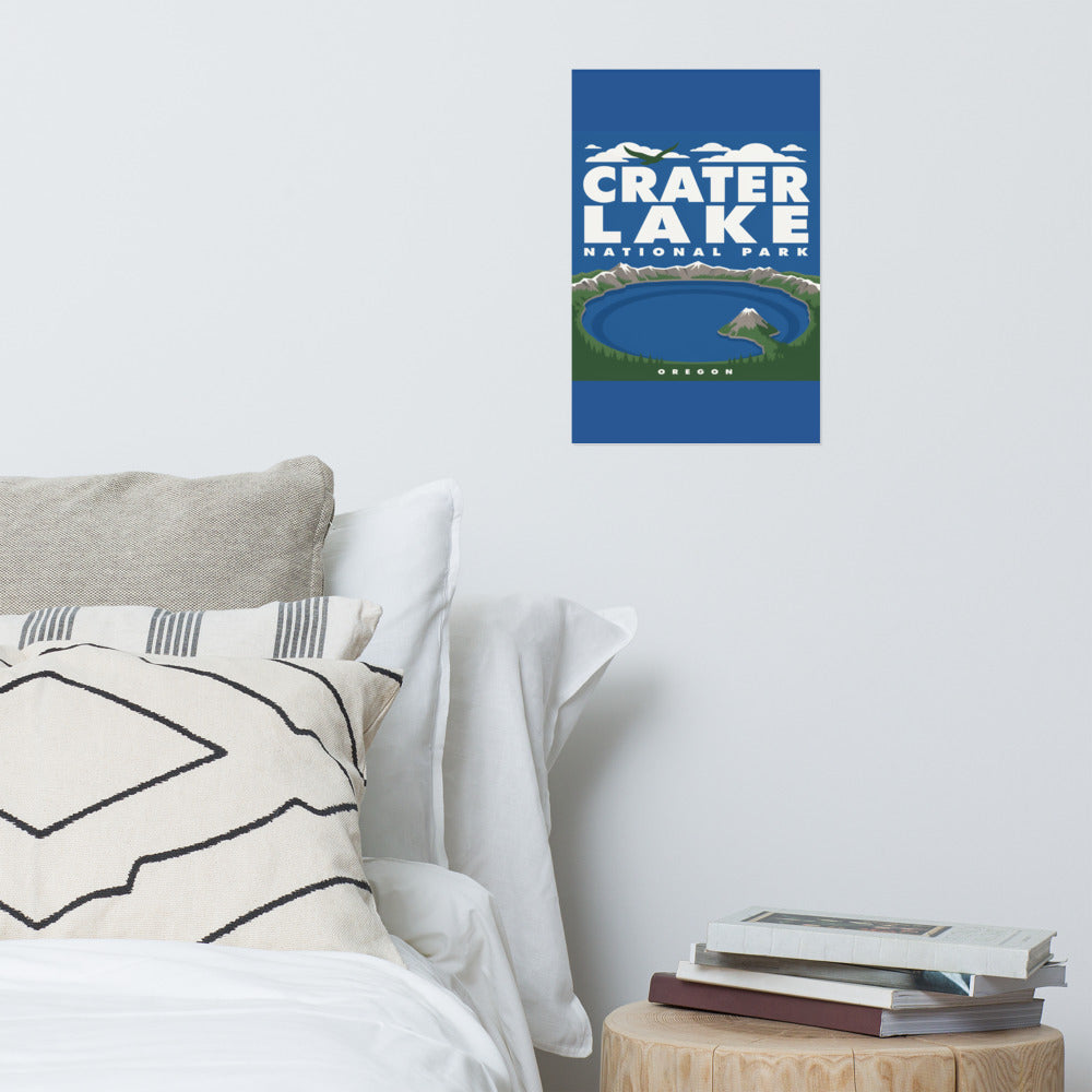 Crater Lake National Park vintage poster hanging on the wall above a bed in a bright bedroom