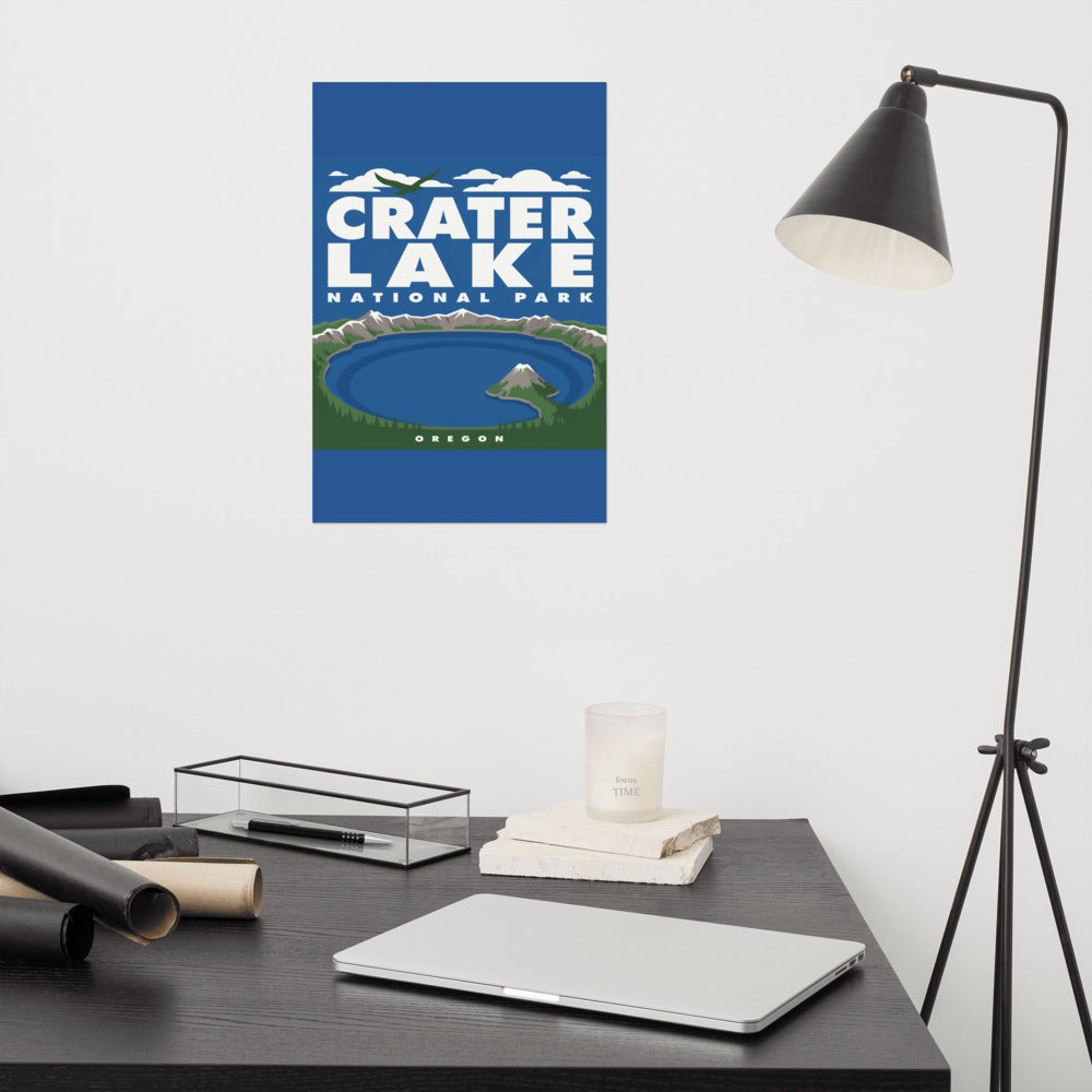 Crater Lake National Park vintage poster on the wall above a desk with a reading lamp