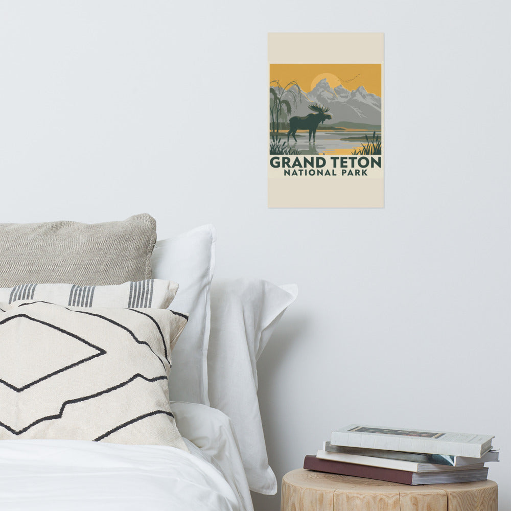 Grand Teton National Park vintage poster hanging on the wall above a bed in a bright bedroom
