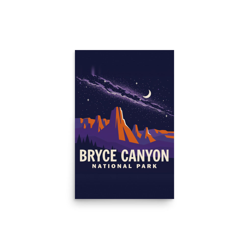 12″×18″ Bryce Canyon poster, front view on white: orange spires, purple slopes and a star band on navy