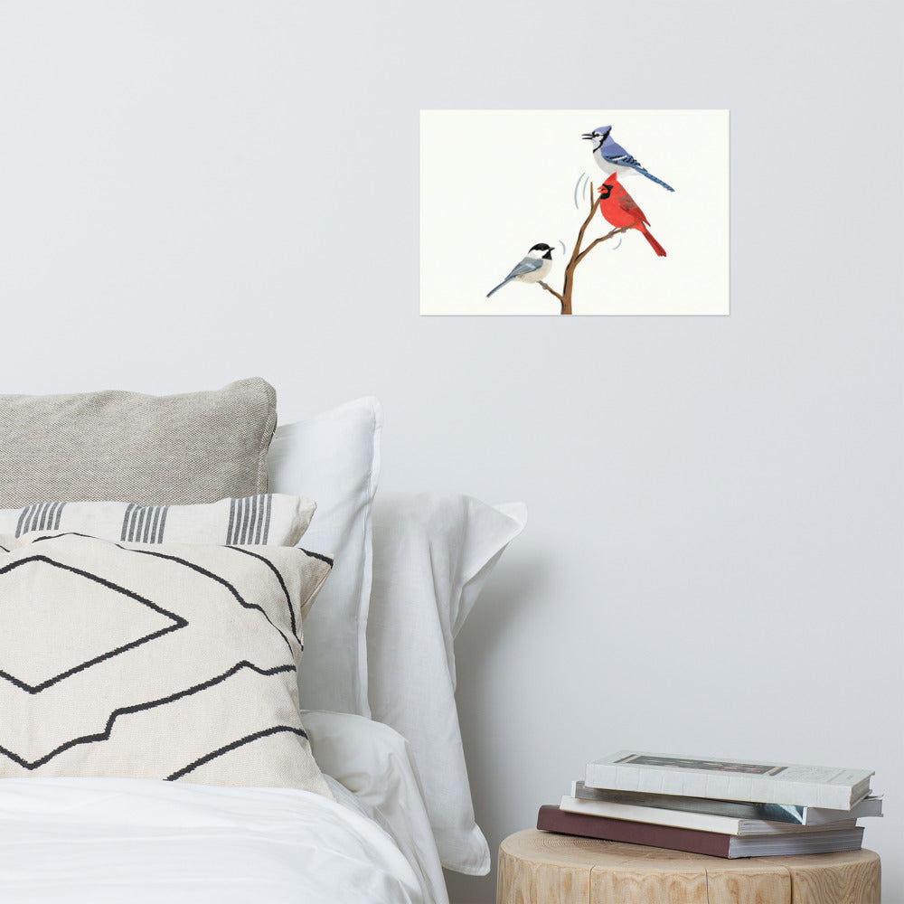 The Yard Has a Soundtrack poster above a bed with white linens and a stack of books; room props not included. The mockup shows the 12 by 18 inch size.