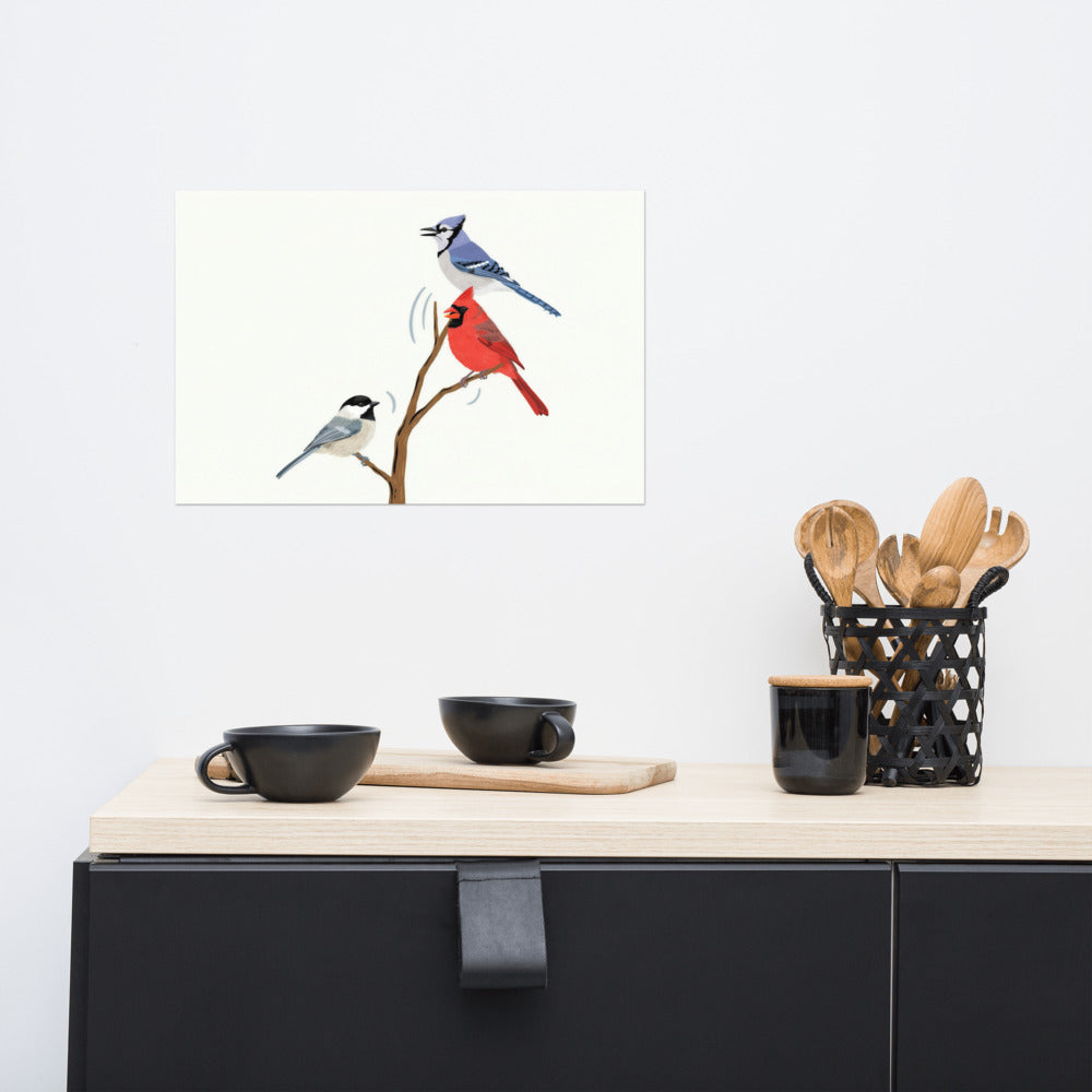 The Yard Has a Soundtrack poster above a light wood sideboard with black cups and a utensil pot; room props not included. The mockup shows the 12 by 18 inch size.