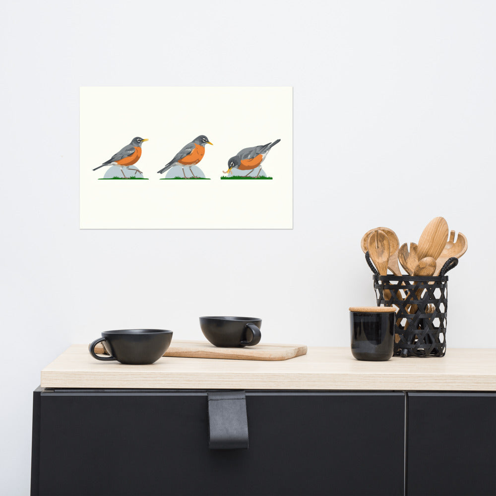 Pause, Look, Pull poster above a light wood sideboard with black cups and a utensil pot; room props not included. The mockup shows the 12 by 18 inch size.