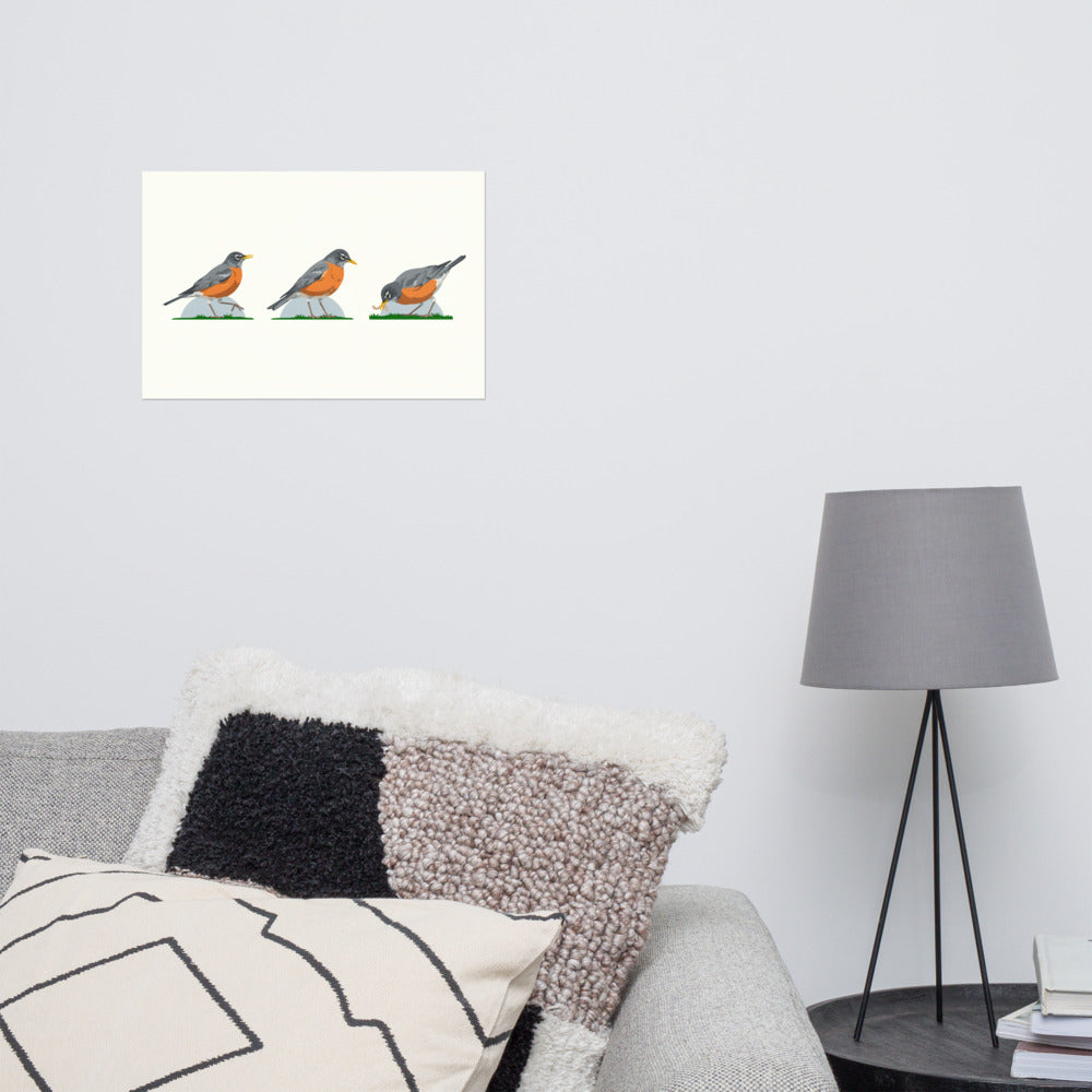 Pause, Look, Pull poster above a gray sofa with patterned cushions beside a floor lamp; room props not included. The mockup shows the 12 by 18 inch size.