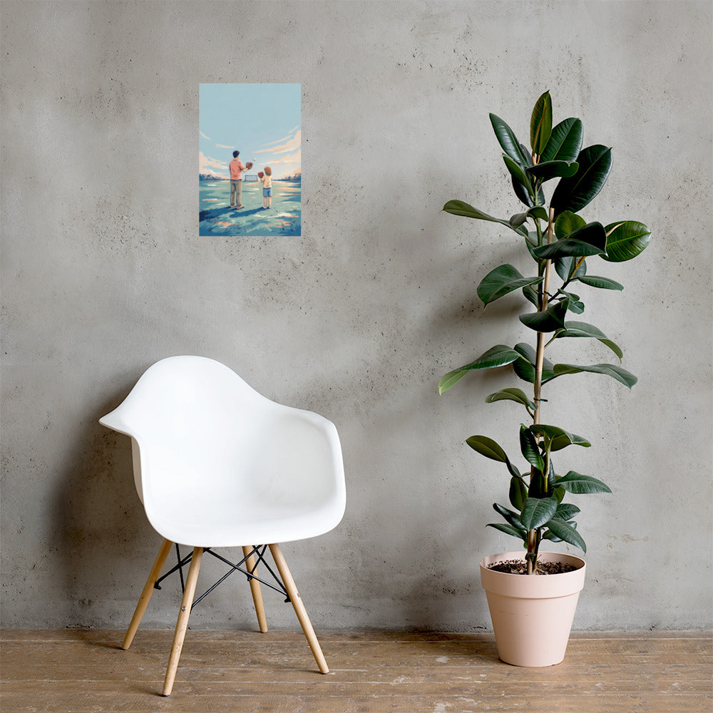 Text-free baseball wall art showing an adult and child playing catch beneath a pale blue and peach sky. Unframed poster; frame not included. The mockup shows the 12 by 18 inch size.