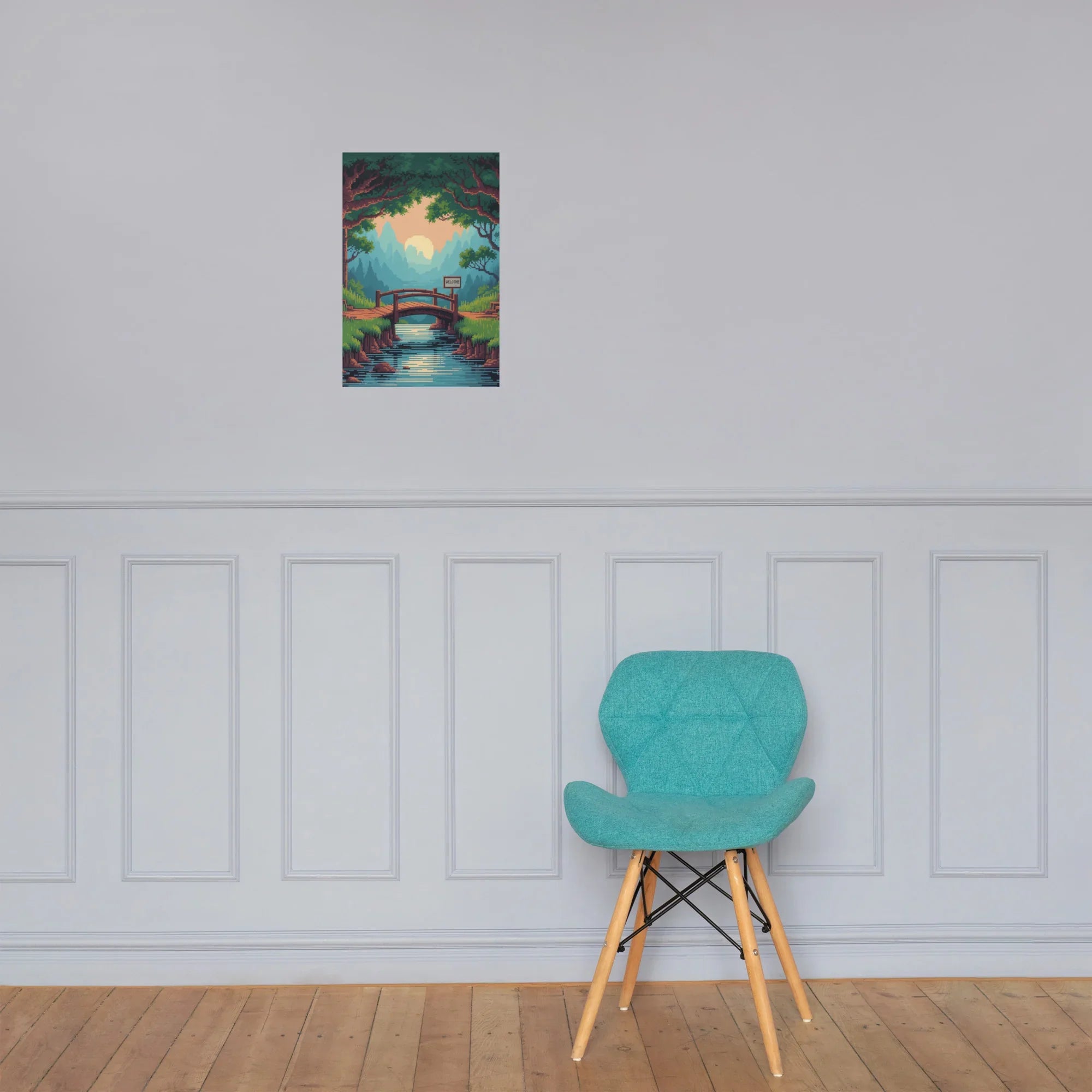 Pixel Forest Bridge – Retro 16-Bit Landscape Gaming Art Print for Cozy Gamer Rooms - RaZits