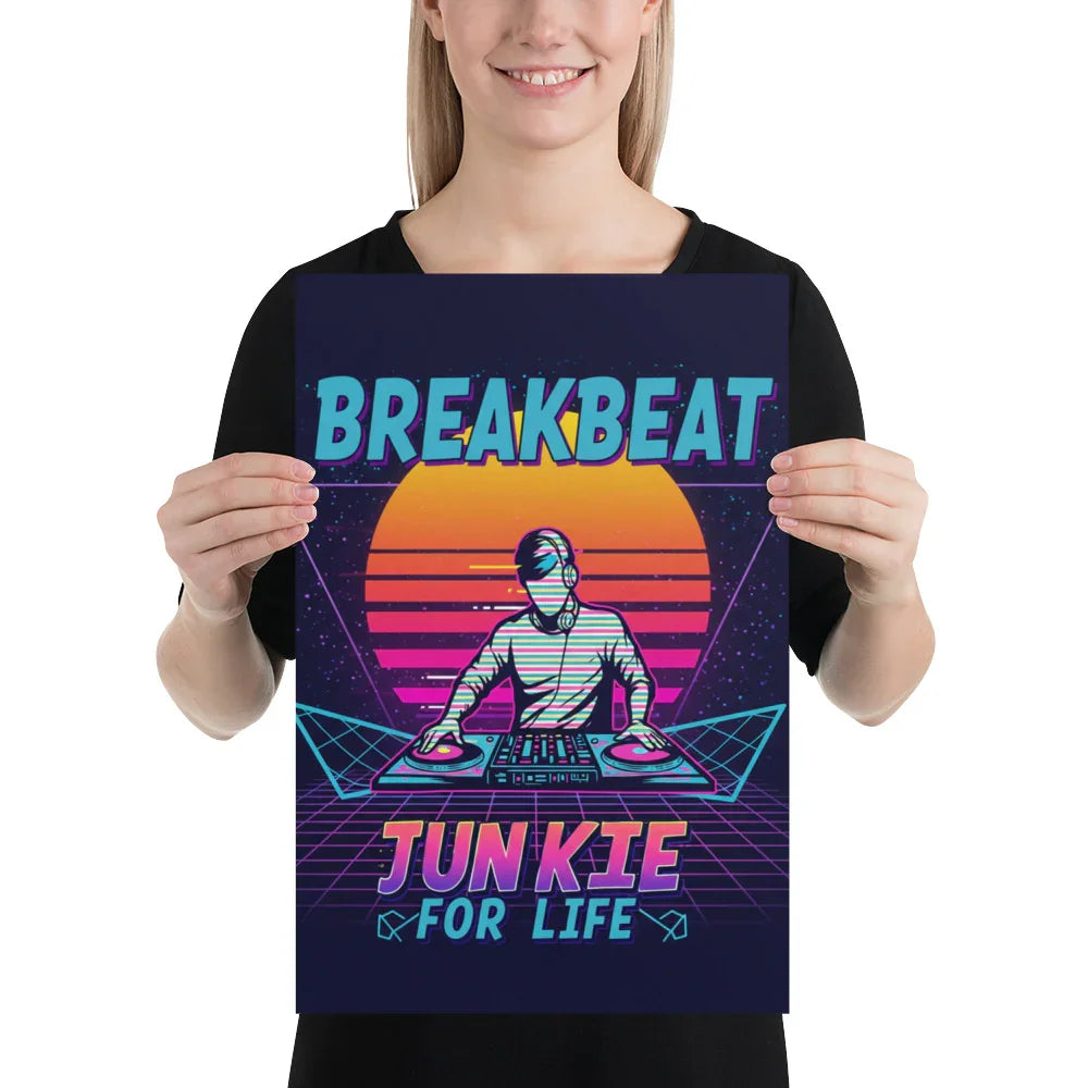 Breakbeat Junkie For Life Poster – Retro DJ Neon Grid - RaZits