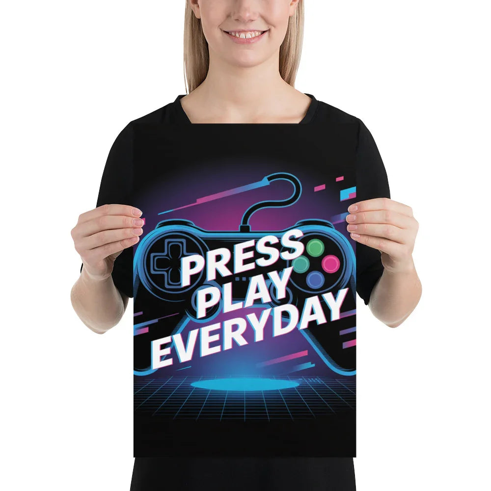 Press Play Everyday – Neon Glitch Gaming Motivation Poster - RaZits
