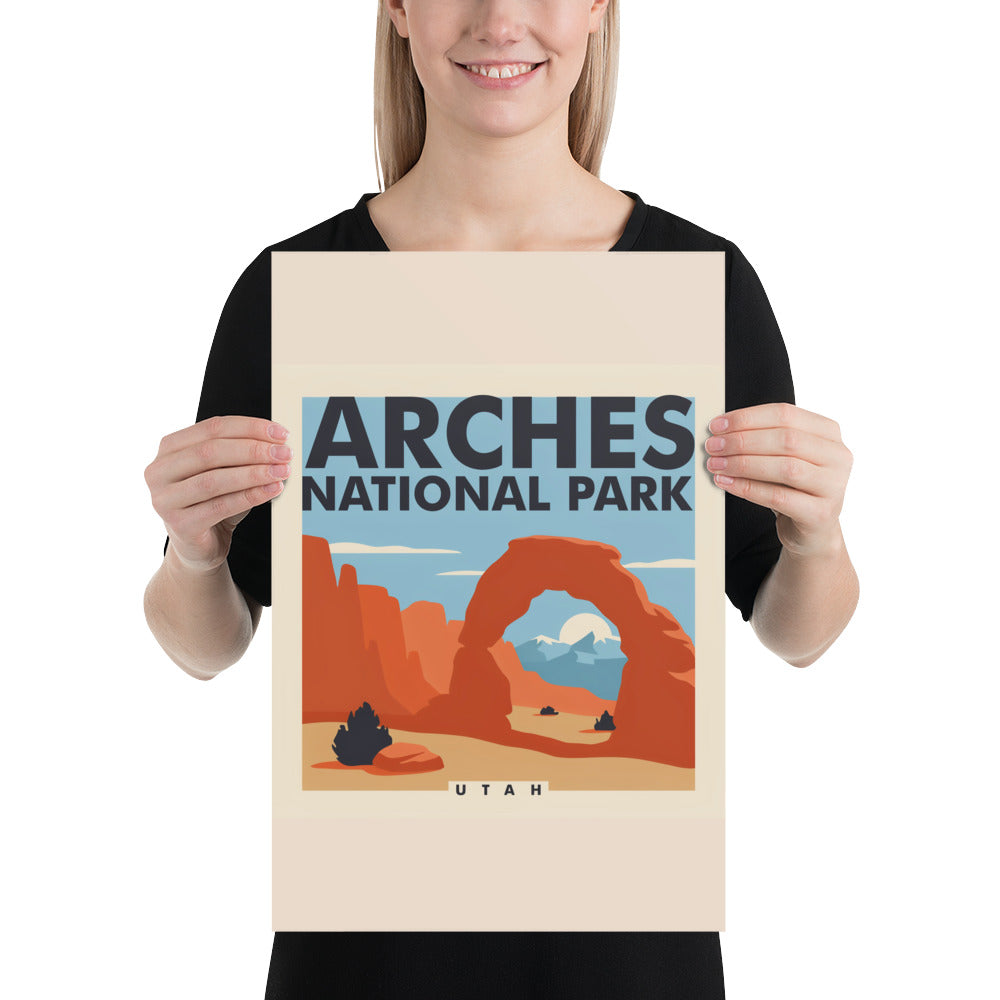 Person holding the Arches National Park vintage poster to show its scale