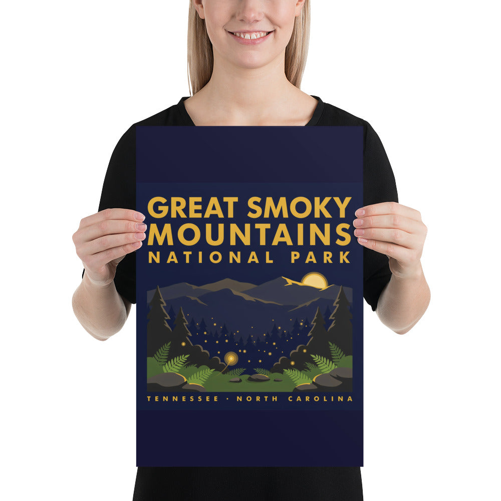 Person holding the Great Smoky Mountains National Park vintage poster to show its scale