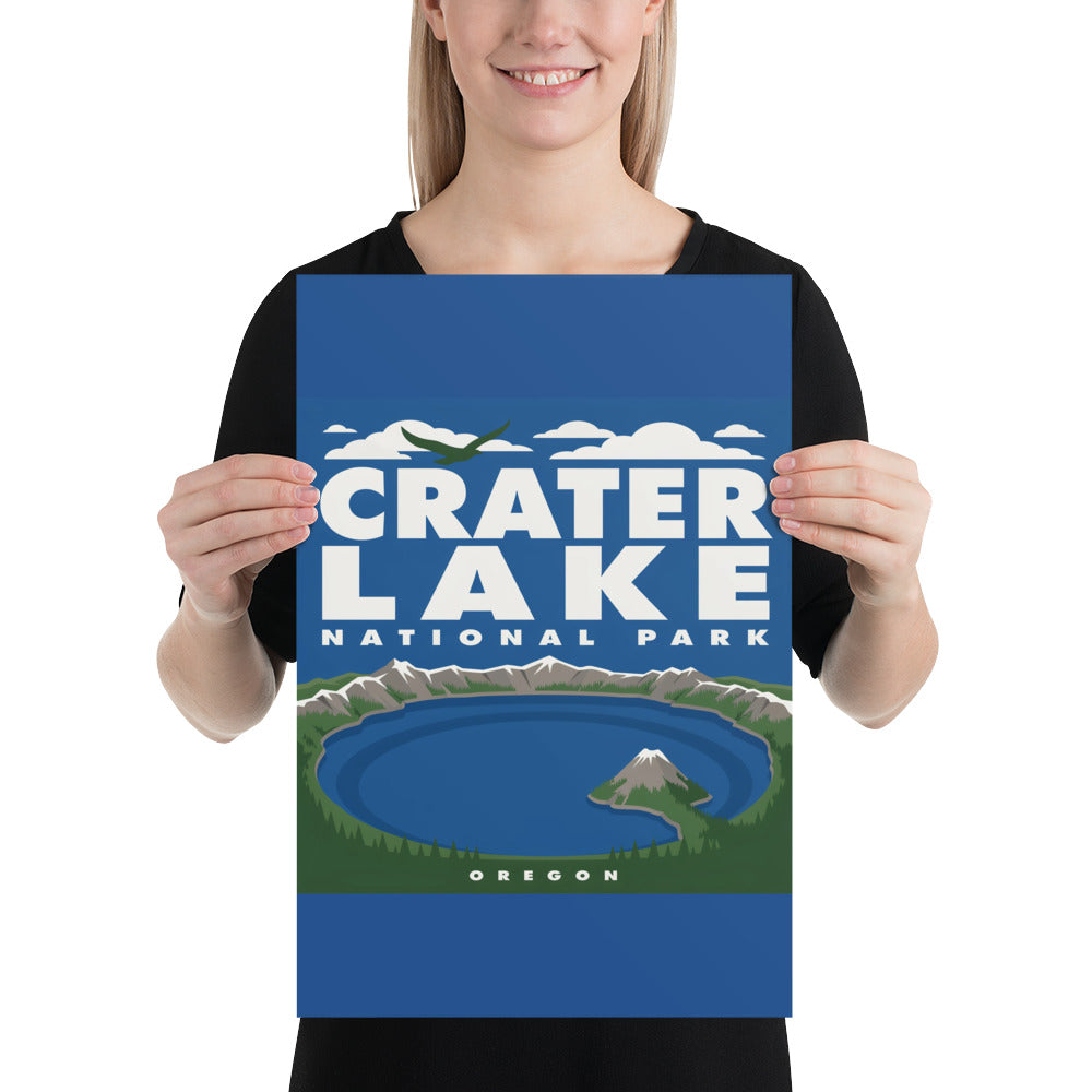 Person holding the Crater Lake National Park vintage poster to show its scale