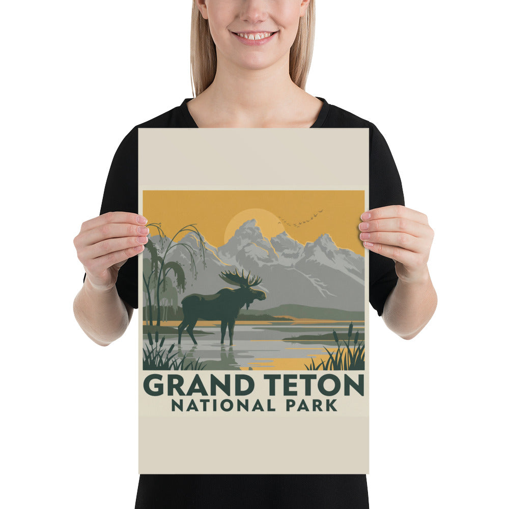 Person holding the Grand Teton National Park vintage poster to show its scale