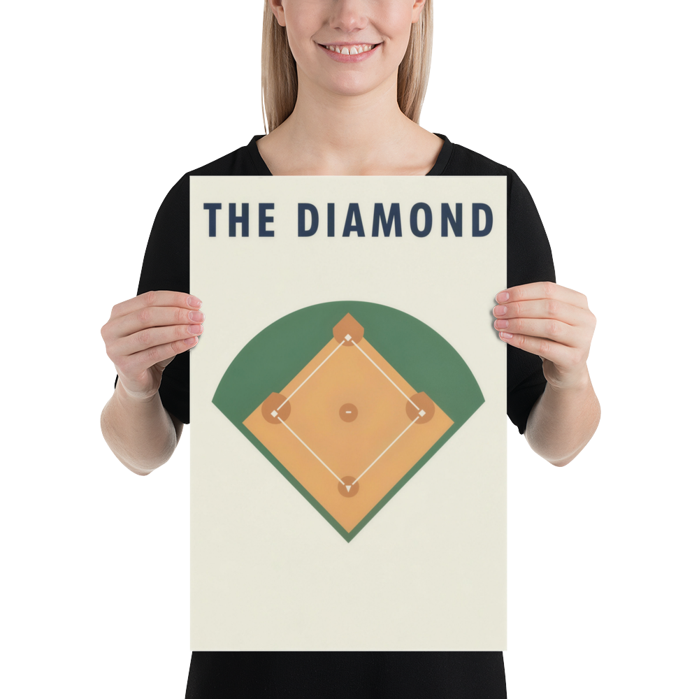 Person holding The Diamond unframed baseball field poster in the 12 by 18 inch size for an illustrative scale view.