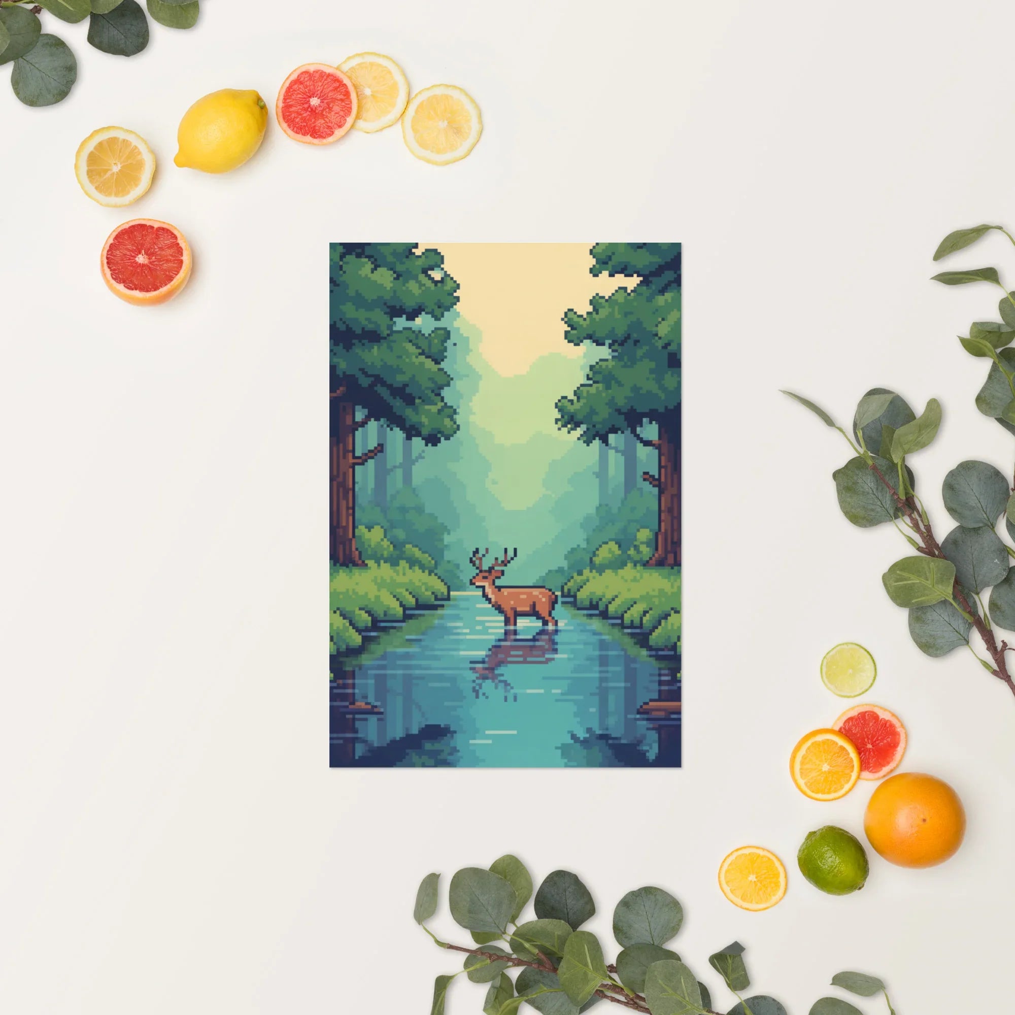 Pixel Forest Serenity – Retro Deer in Nature Gaming Art Print - RaZits