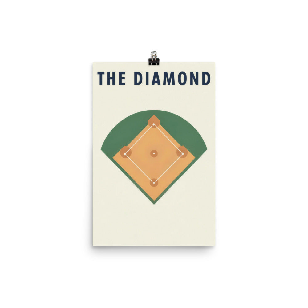 THE DIAMOND above a green and ochre overhead baseball field on a warm ivory ground. Unframed matte poster; frame not included.