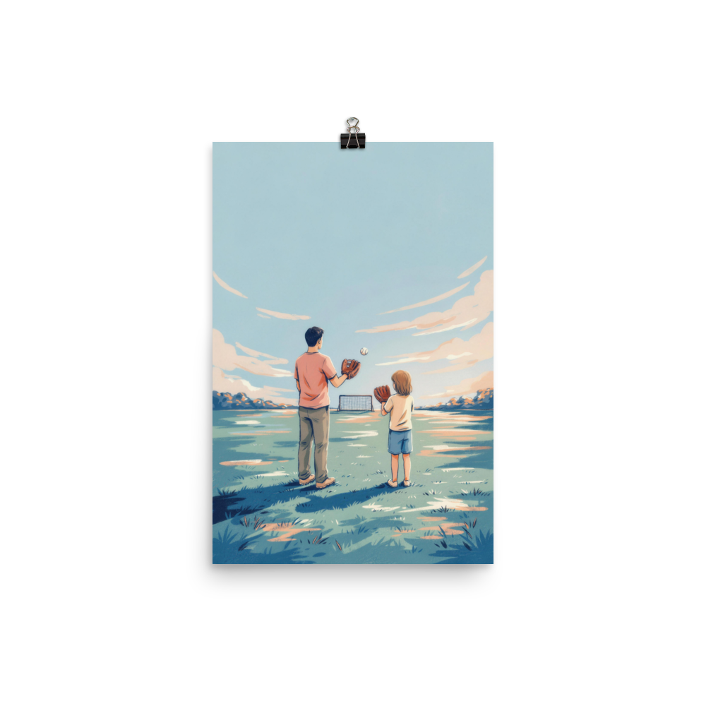 Full view of The Distance Between Two Gloves unframed baseball poster, showing an adult and child playing catch; display clip is a mockup prop.