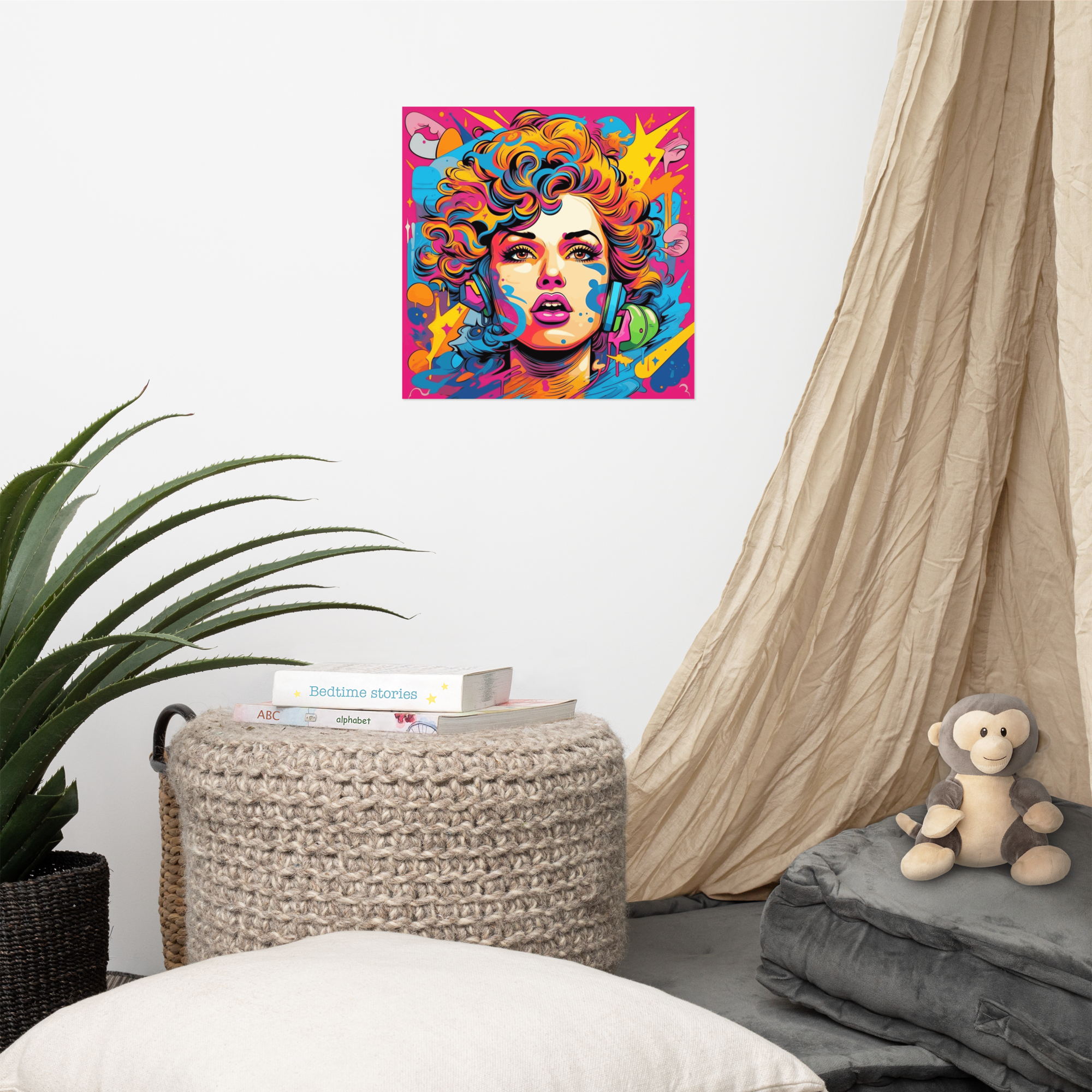 Pop Art Wall Print – Neon 80s Headphone Girl Portrait.