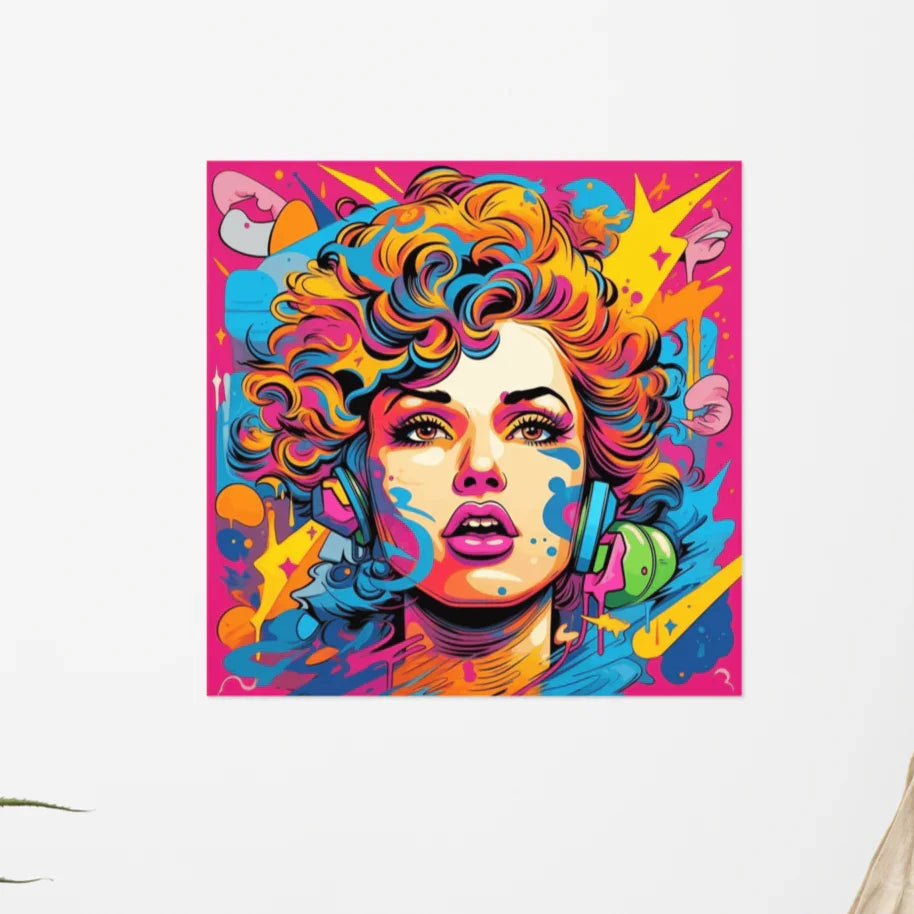 Pop Art Wall Print – Neon 80s Headphone Girl Portrait - RaZits