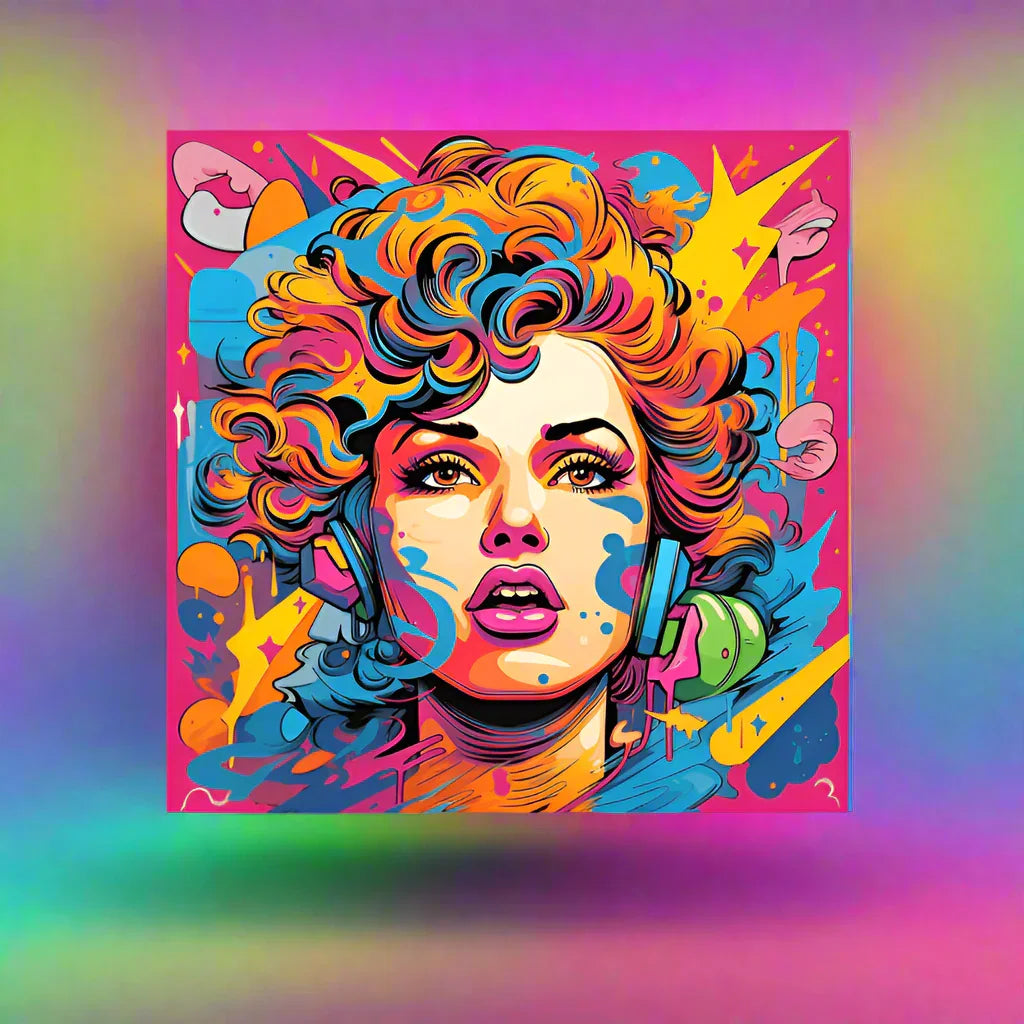 Pop Art Wall Print – Neon 80s Headphone Girl Portrait - RaZits