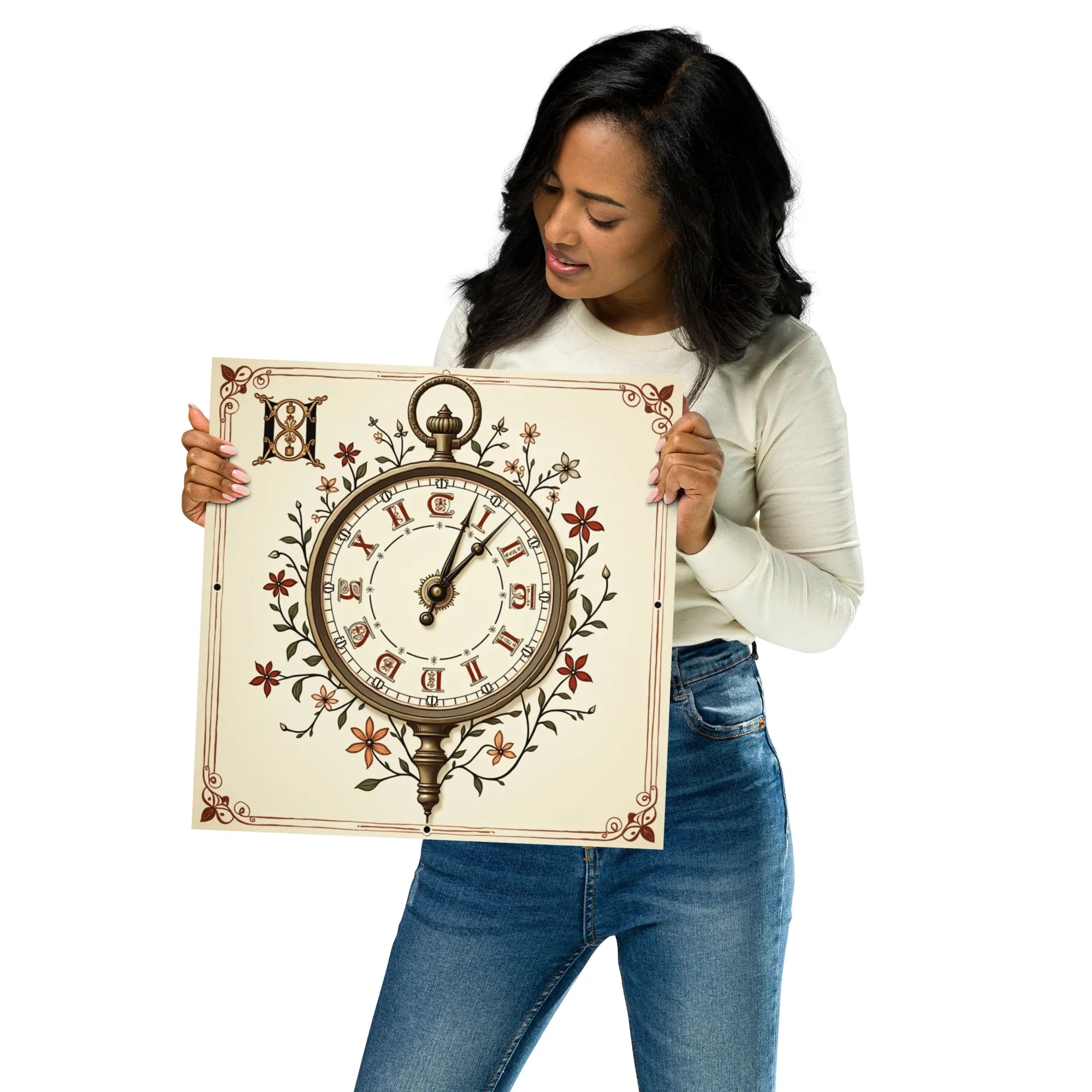 Vintage Clock Art Print – Floral Timepiece Illustration - RaZits