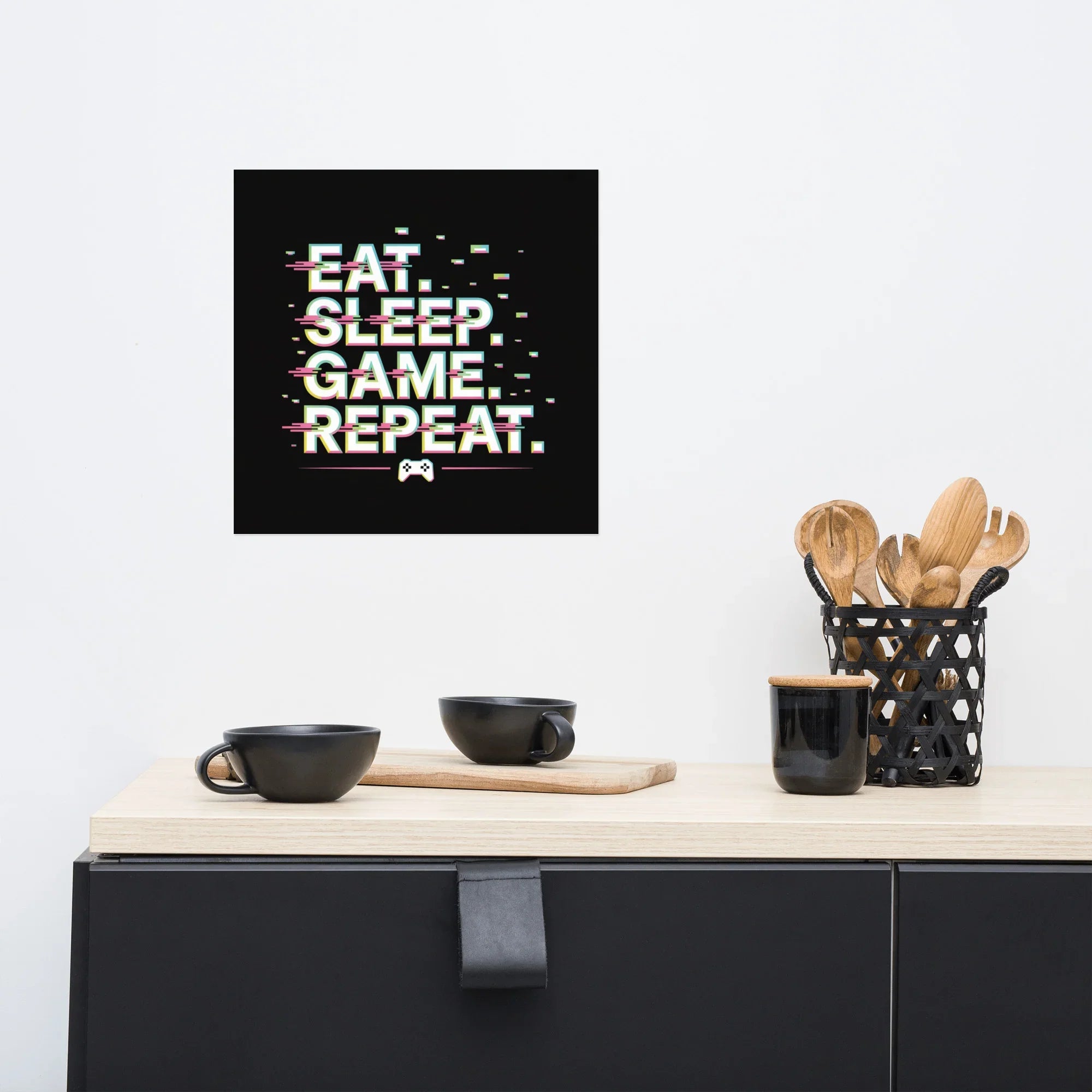 Eat Sleep Game Repeat – Glitch Gamer Lifestyle Wall Art - RaZits